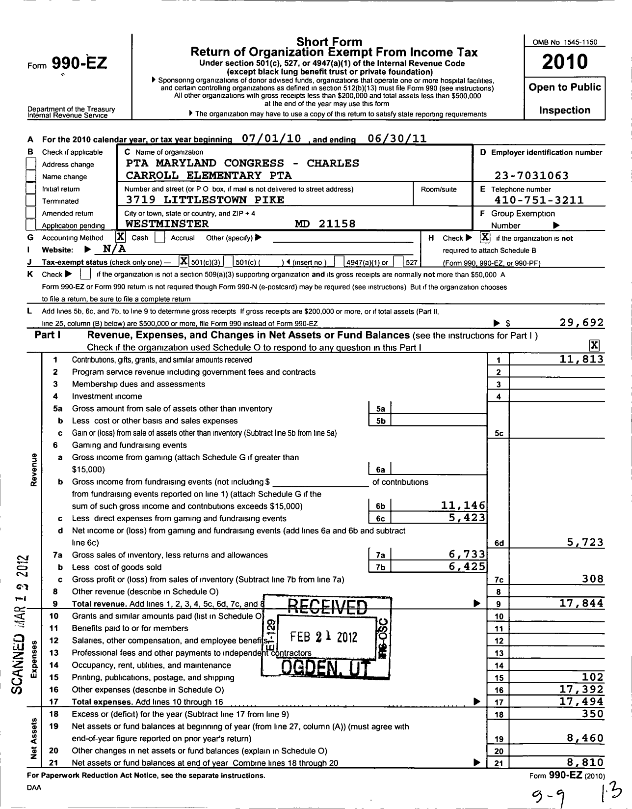 Image of first page of 2010 Form 990EZ for PTA Maryland Congress - Charles Carroll Elementary PTA