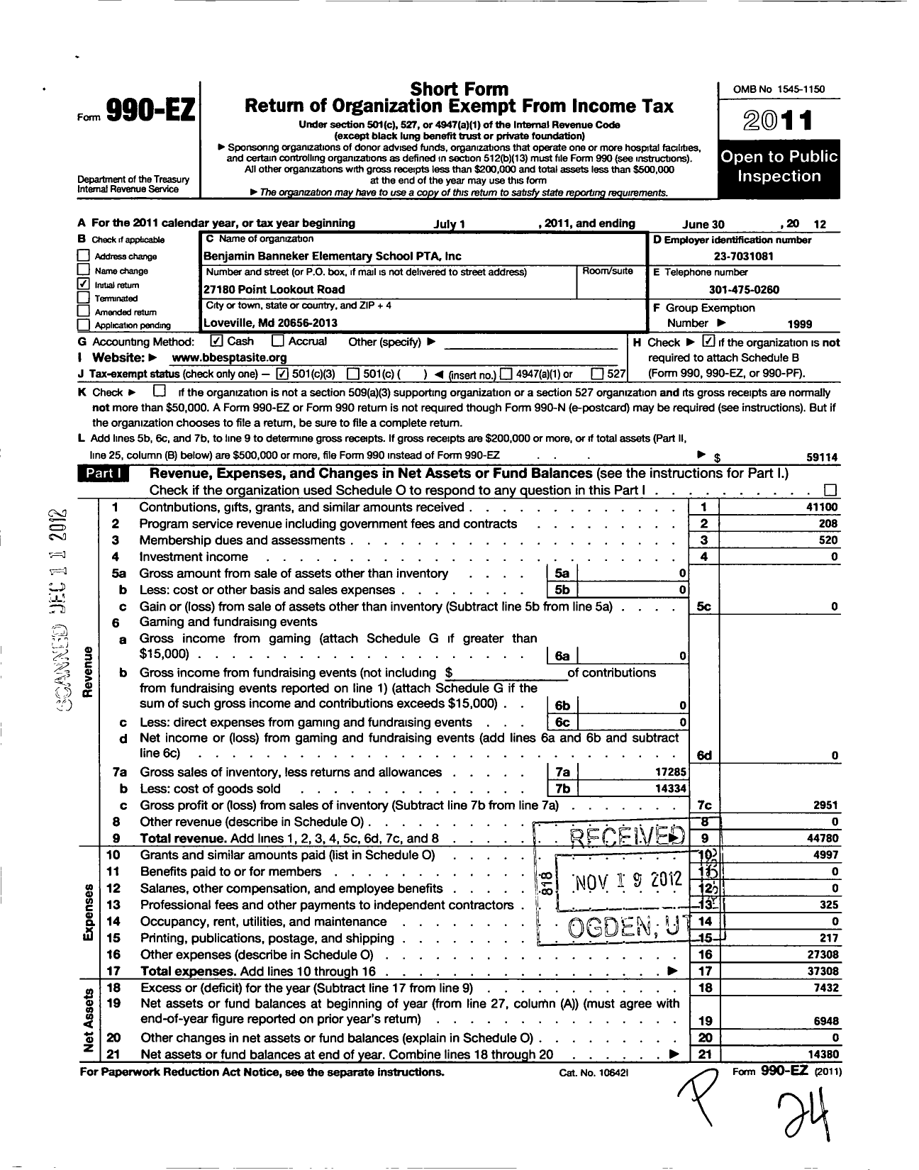 Image of first page of 2011 Form 990EZ for PTA Delaware Congress / Benjamin Banneker Elementary PTA in