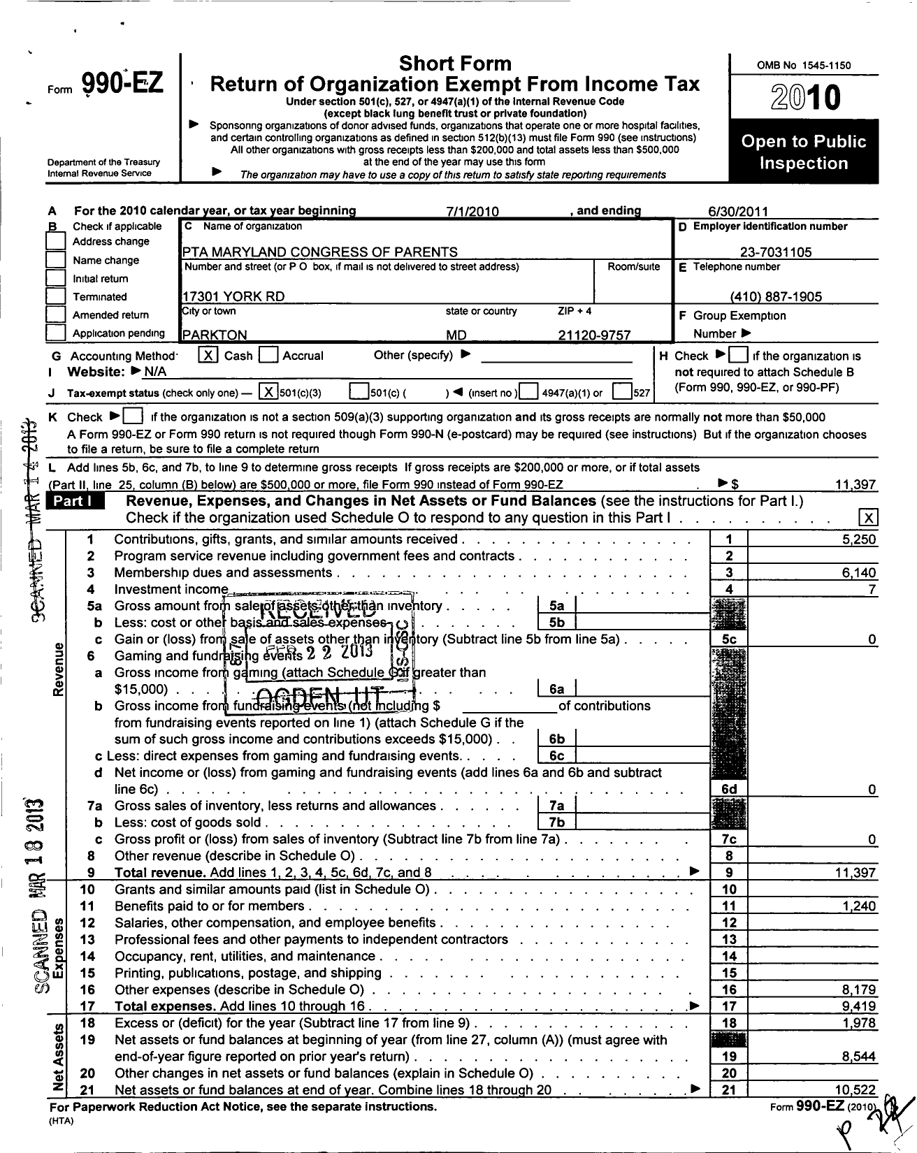 Image of first page of 2010 Form 990EZ for PTA Maryland Congress of Parents and Teachers / Hereford School