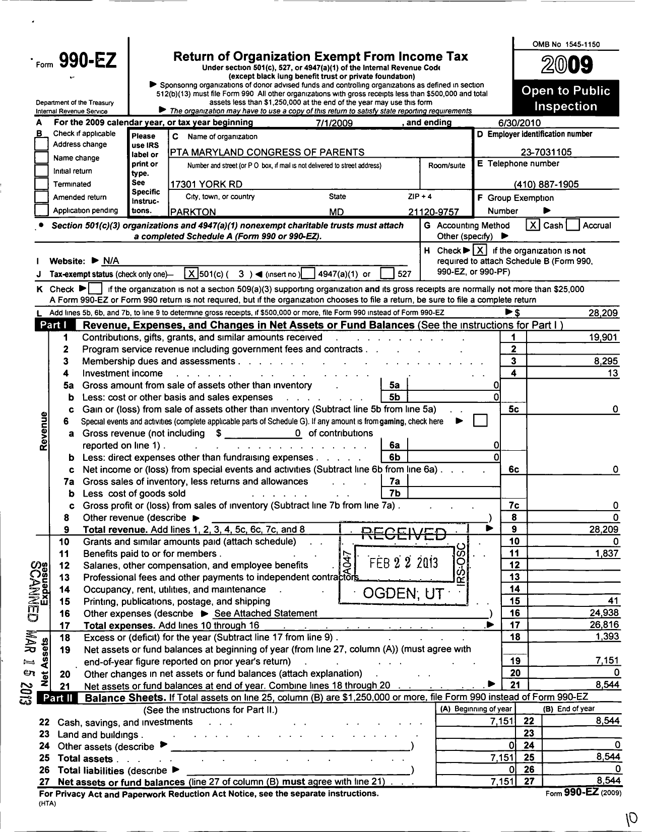 Image of first page of 2009 Form 990EZ for PTA Maryland Congress of Parents and Teachers / Hereford School