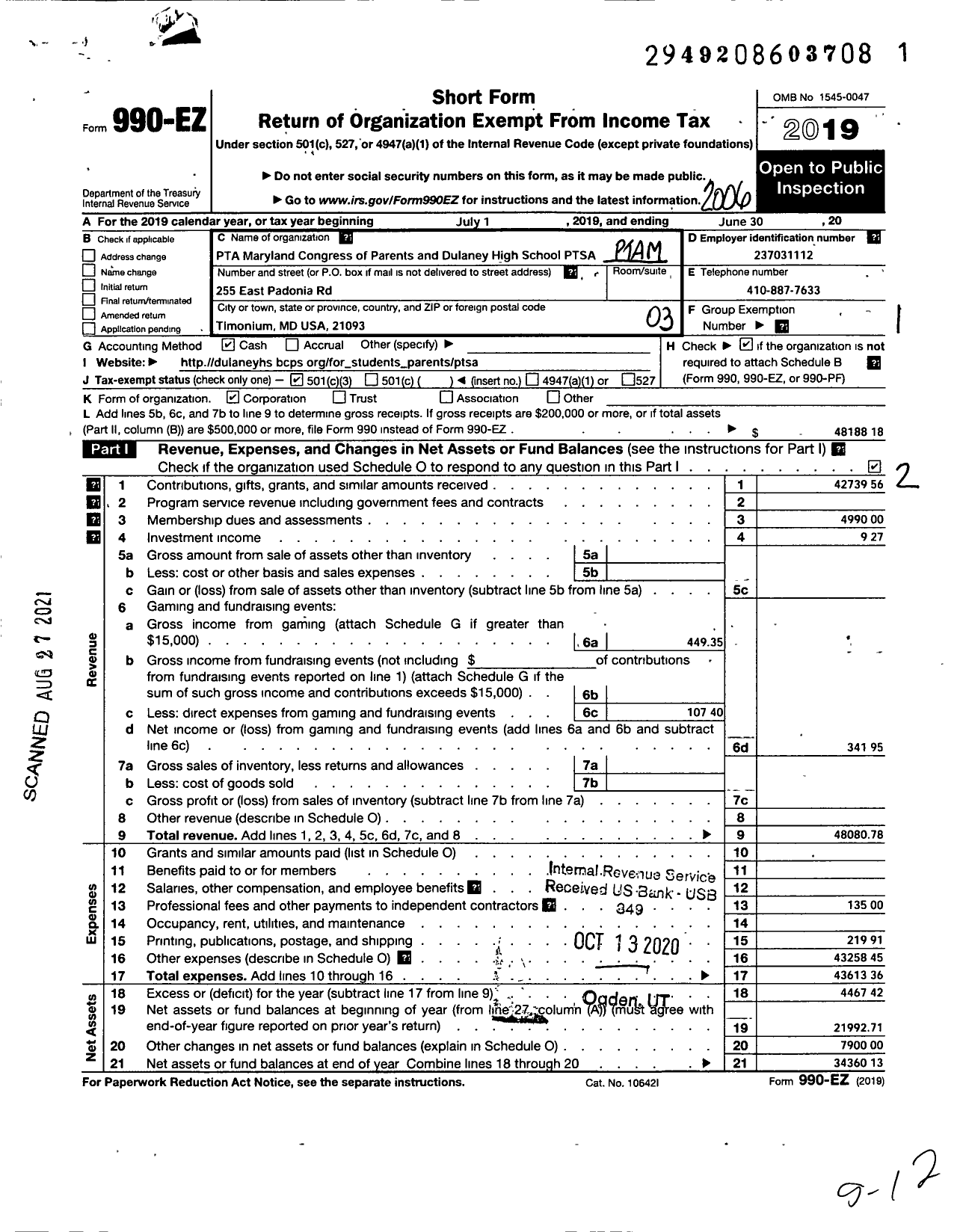 Image of first page of 2019 Form 990EZ for PTA Delaware Congress / Dulaney High School Ptsa