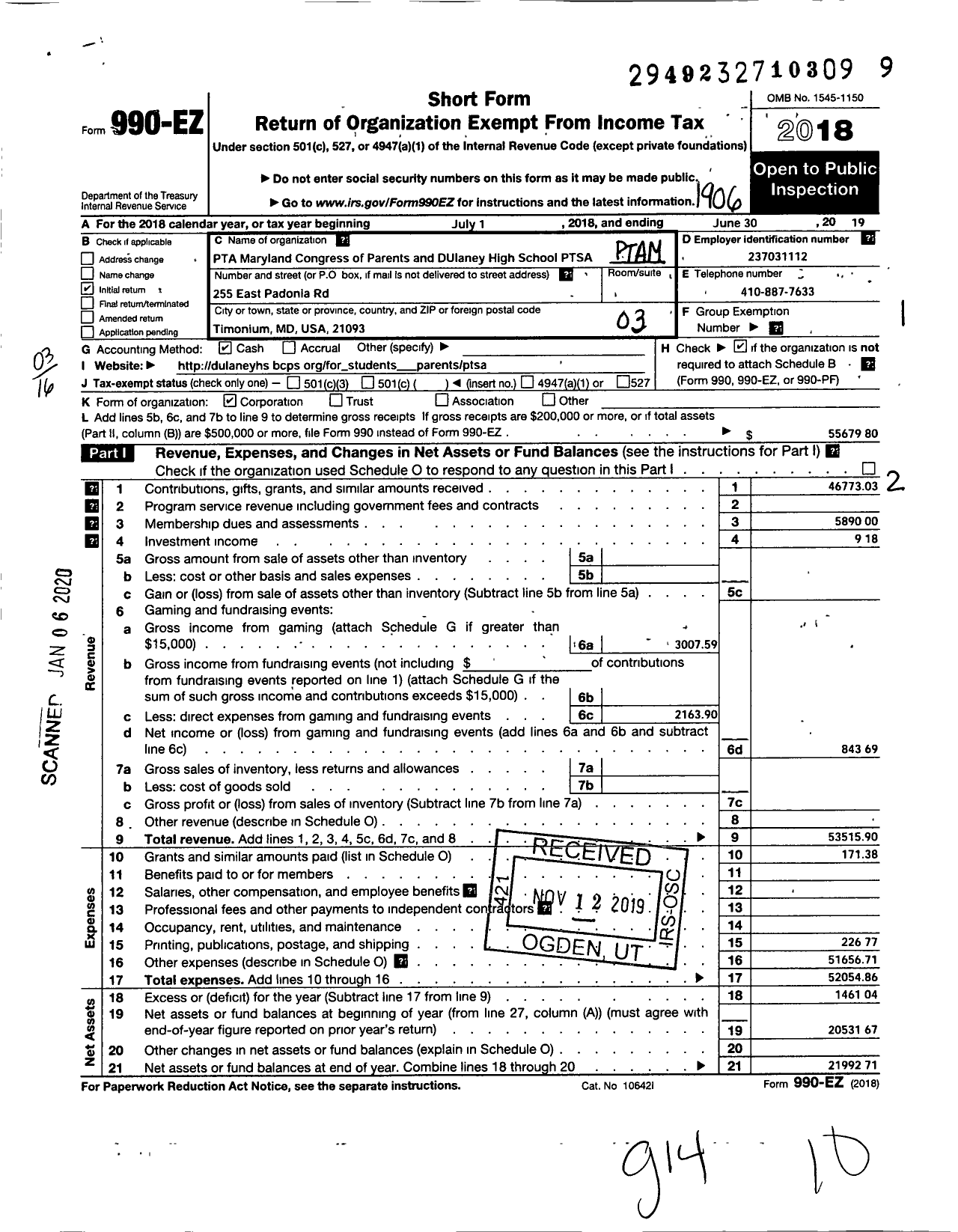 Image of first page of 2018 Form 990EZ for PTA Delaware Congress / Dulaney High School Ptsa