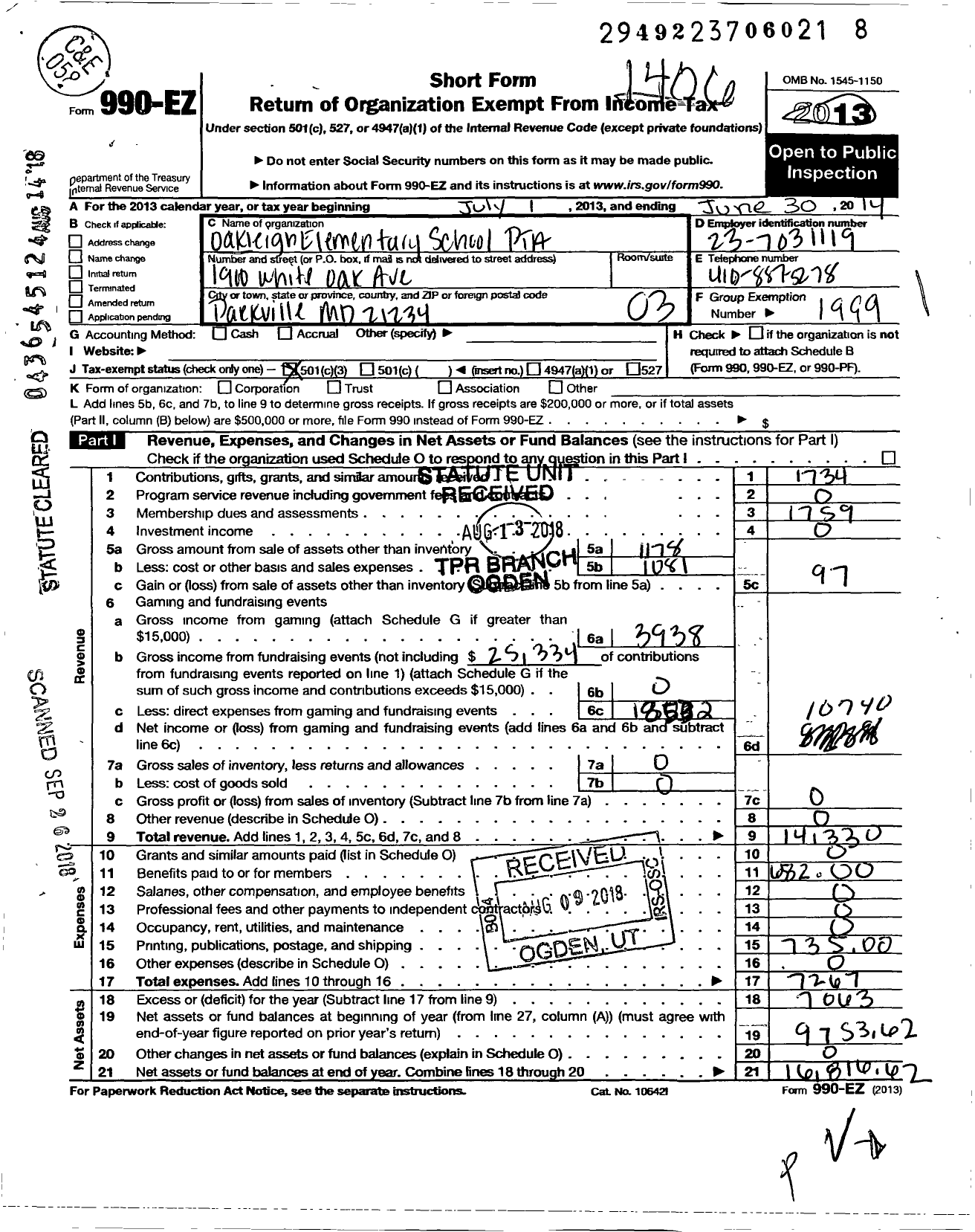 Image of first page of 2013 Form 990EZ for PTA Maryland Congress of Parents and Teachers / Oakleigh Elementary