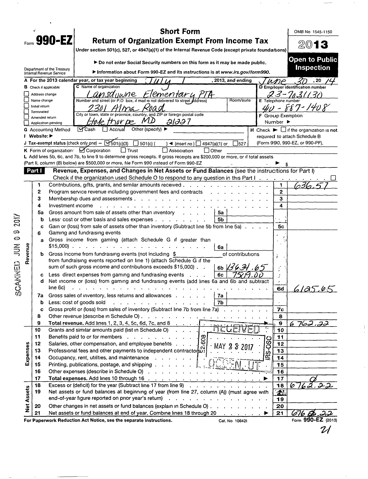 Image of first page of 2013 Form 990EZ for PTA Maryland Congress of Parent and Teachers / Lansdowne Elementary PTA