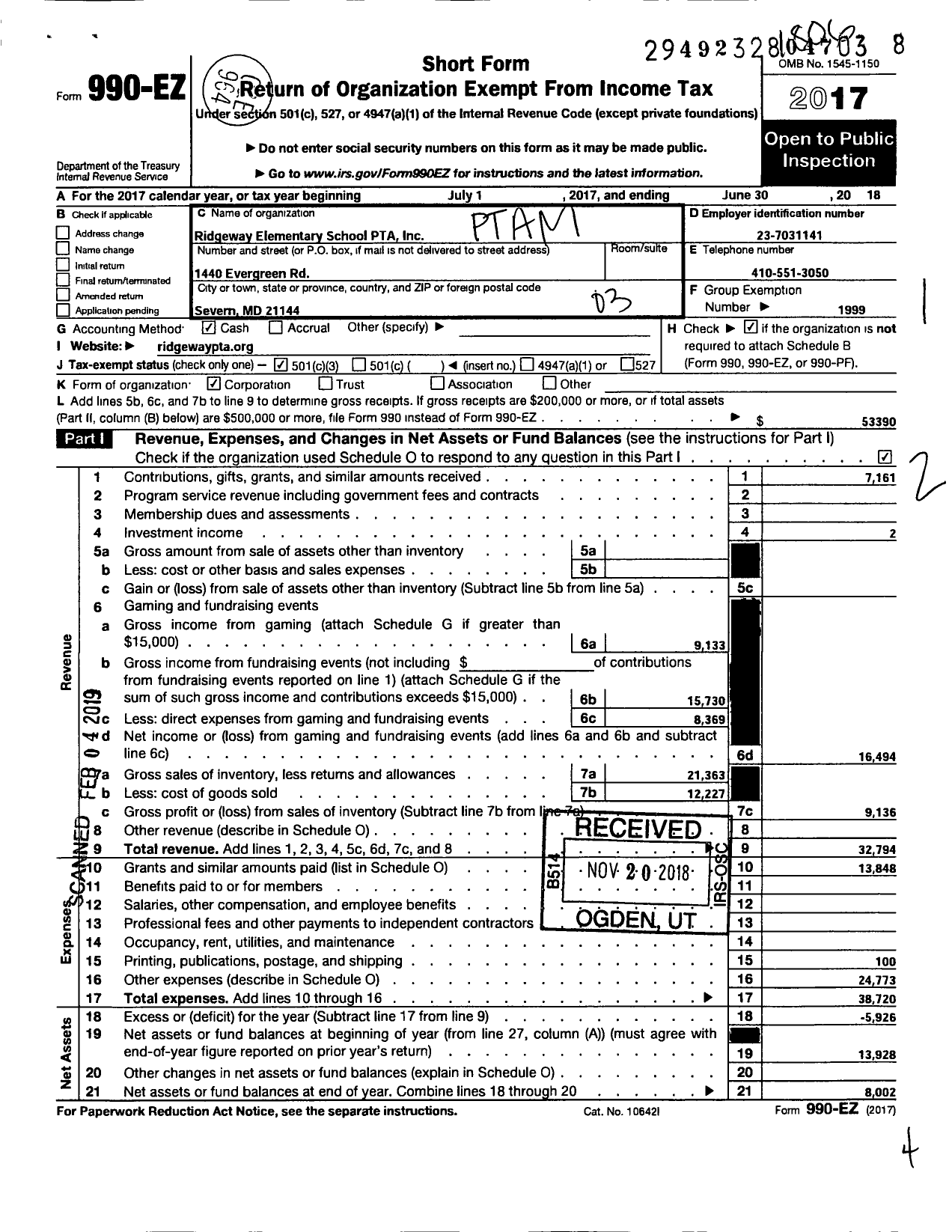 Image of first page of 2017 Form 990EZ for PTA Maryland Congress of Parents and Teachers / Ridgeway PTA