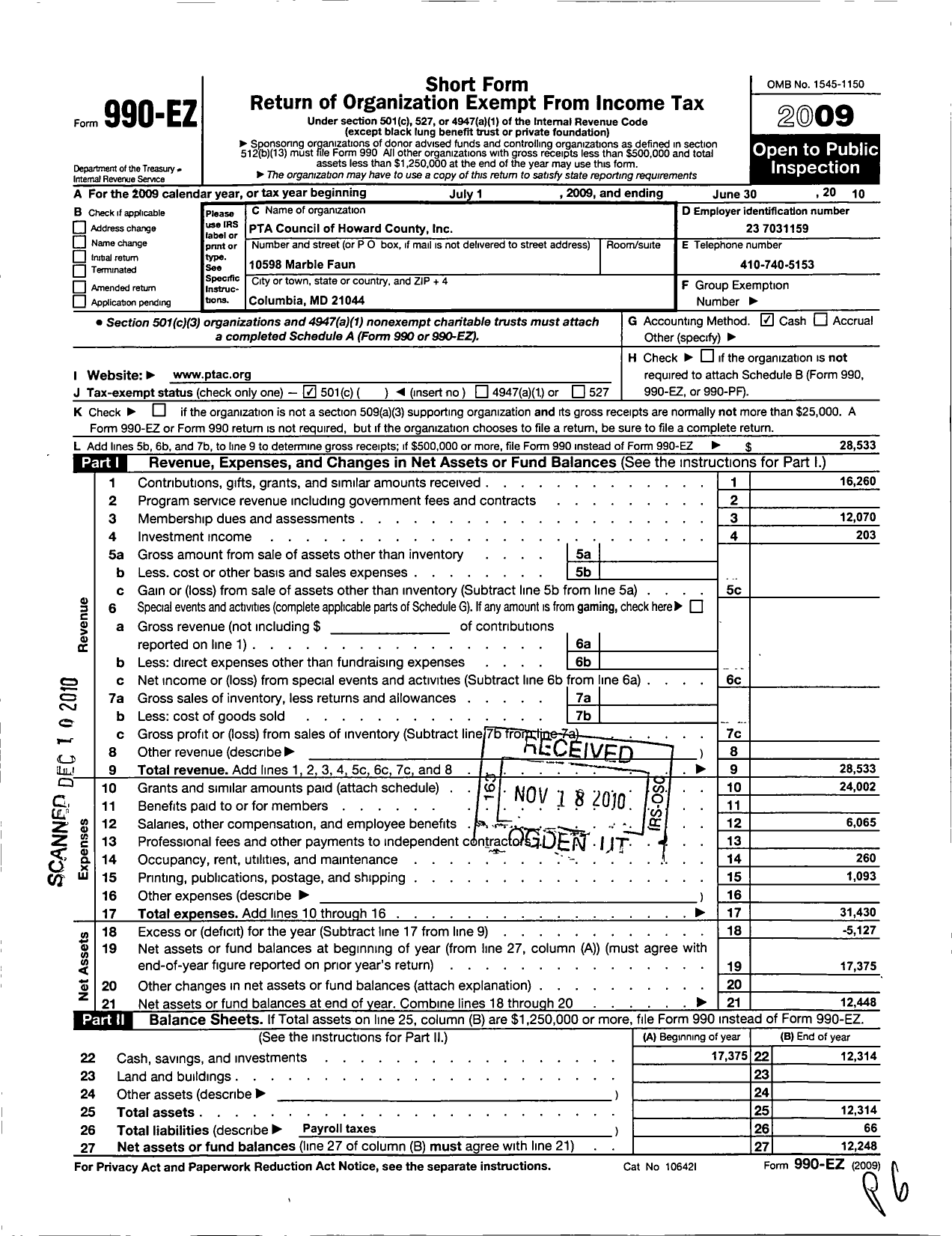 Image of first page of 2009 Form 990EO for PTA Maryland Congress of Parents and Teachers / Howard County Council