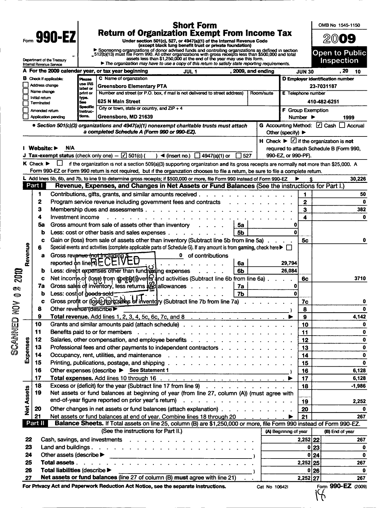 Image of first page of 2009 Form 990EO for PTA Maryland Congress of Parent and Teachers / Greensboro Elementary PTA