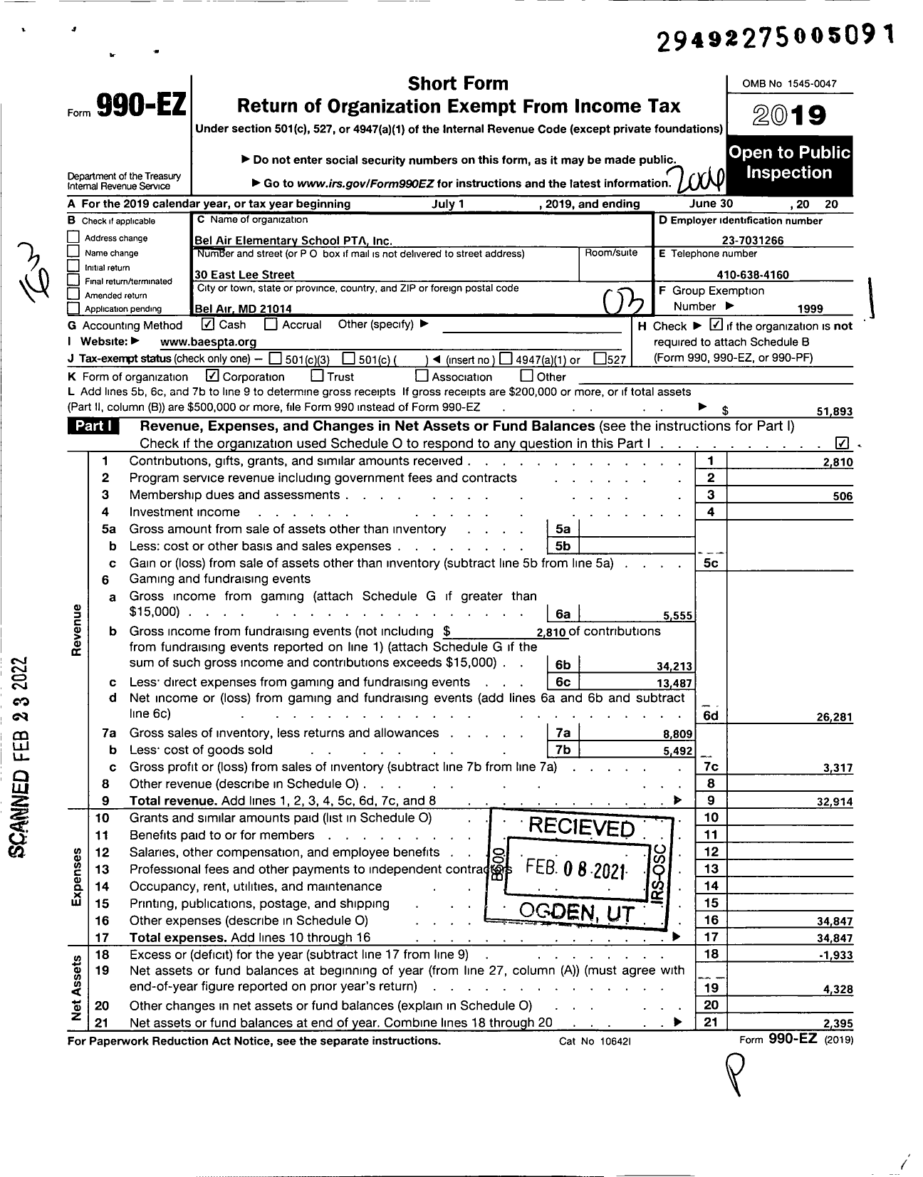 Image of first page of 2019 Form 990EZ for Bel Air Elementary School