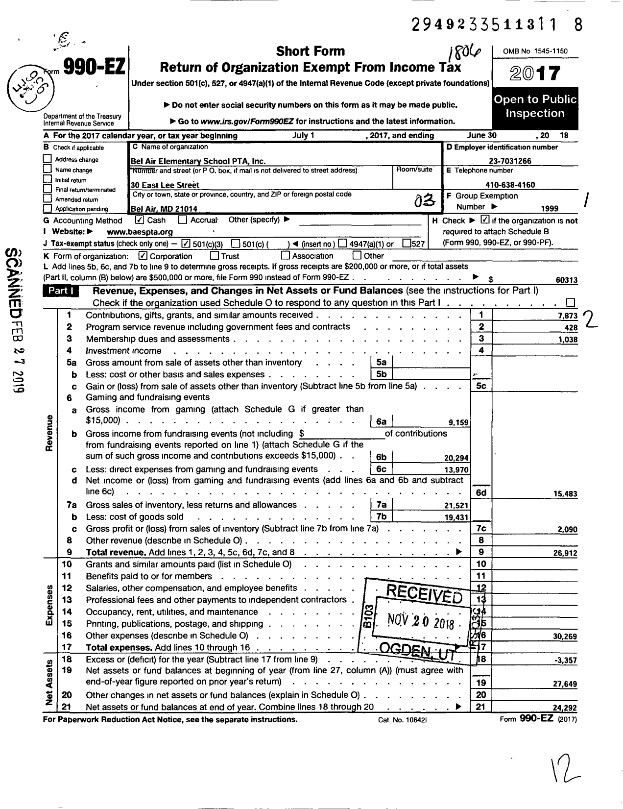 Image of first page of 2017 Form 990EZ for Bel Air Elementary School