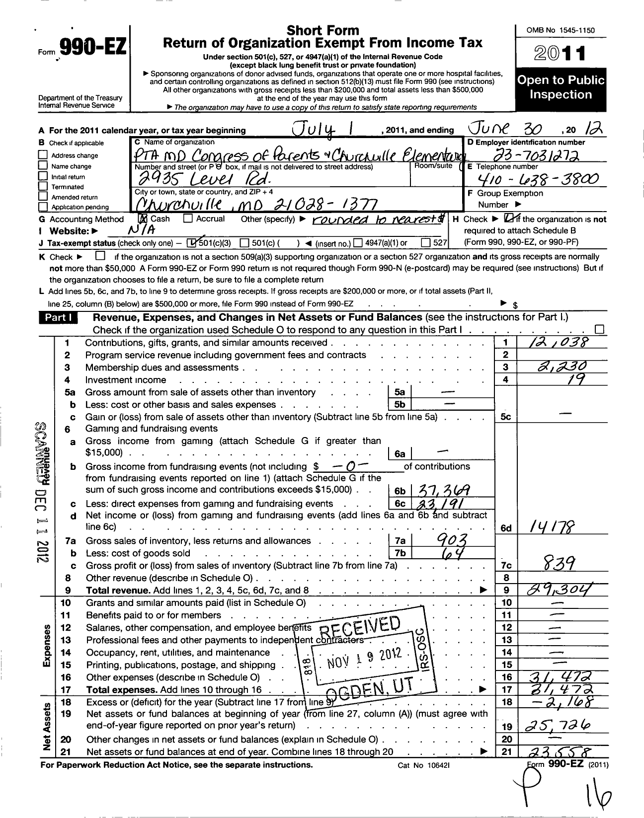 Image of first page of 2011 Form 990EZ for PTA Delaware Congress / Churchville Elem School PTA