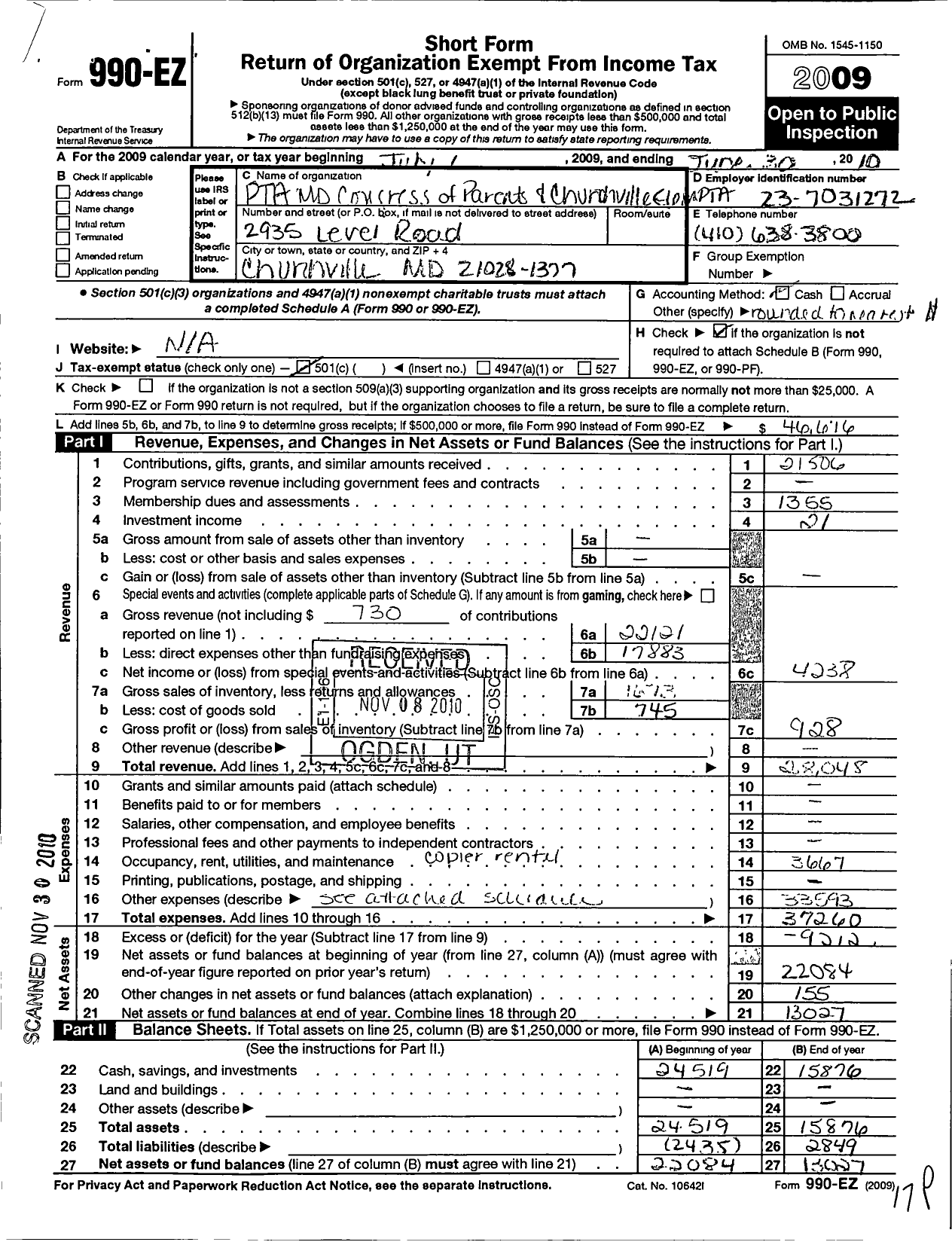 Image of first page of 2009 Form 990EO for PTA Delaware Congress / Churchville Elem School PTA