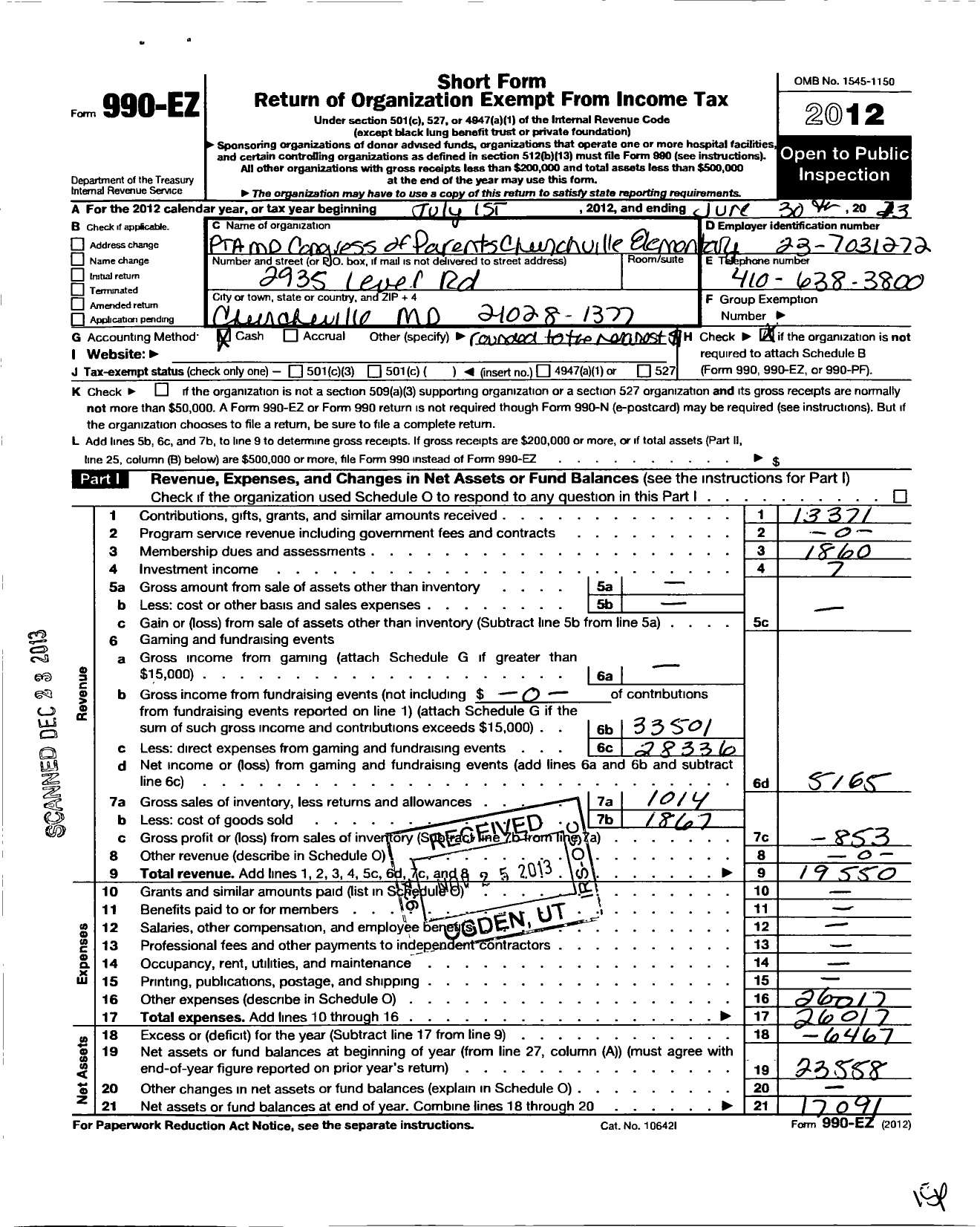 Image of first page of 2012 Form 990EO for PTA Delaware Congress / Churchville Elem School PTA