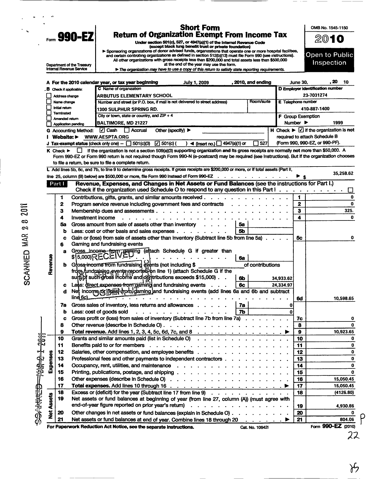 Image of first page of 2009 Form 990EO for PTA Delaware Congress / Arbutus Elementary PTA