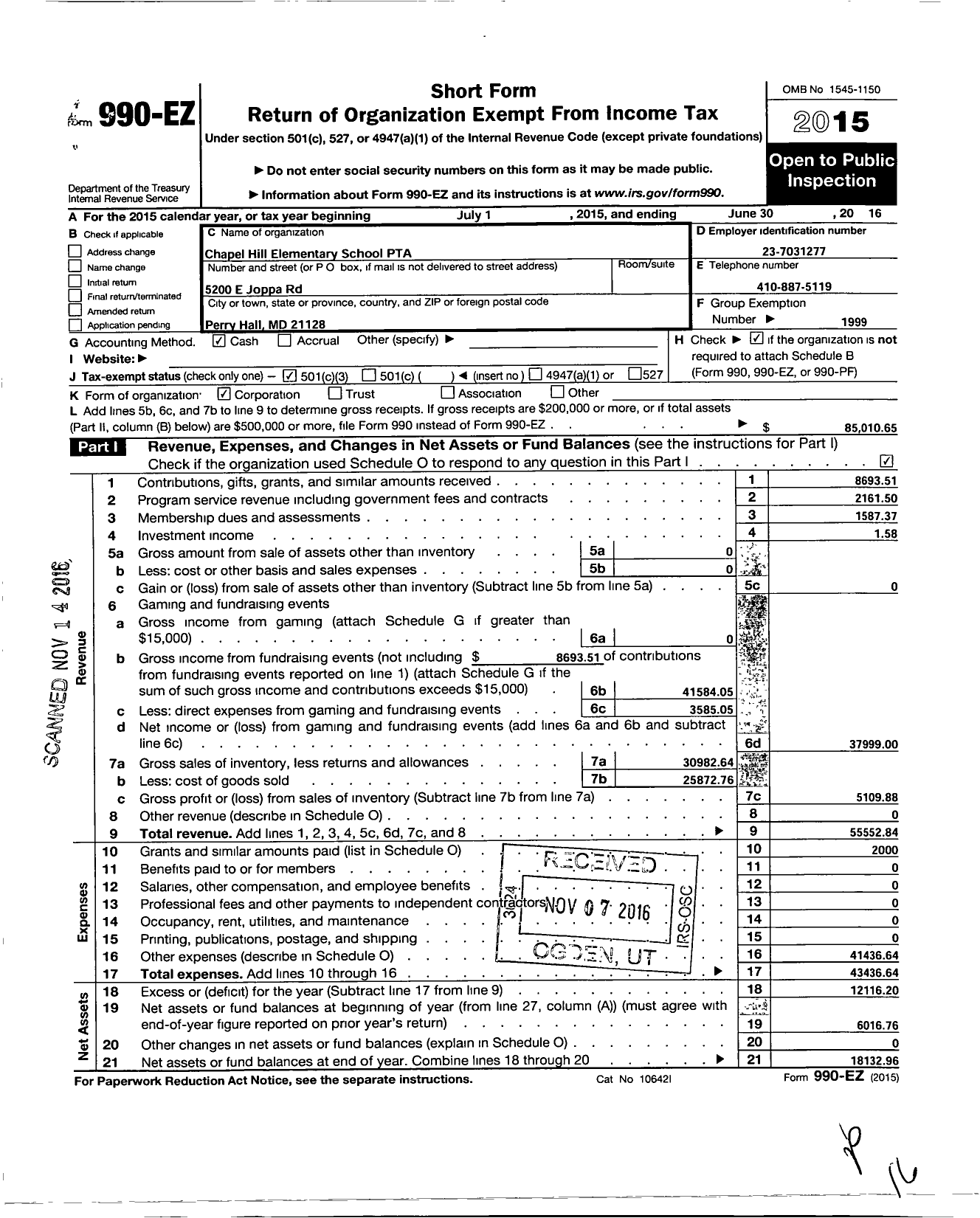 Image of first page of 2015 Form 990EZ for PTA Delaware Congress / Chapel Hill Elementary PTA