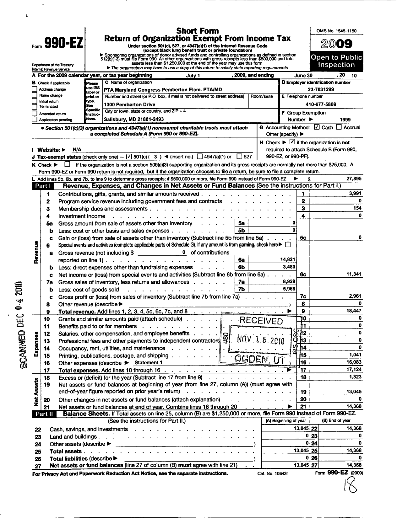 Image of first page of 2009 Form 990EZ for PTA Maryland Congress of Parent and Teachers / Pemberton Elementary PTA