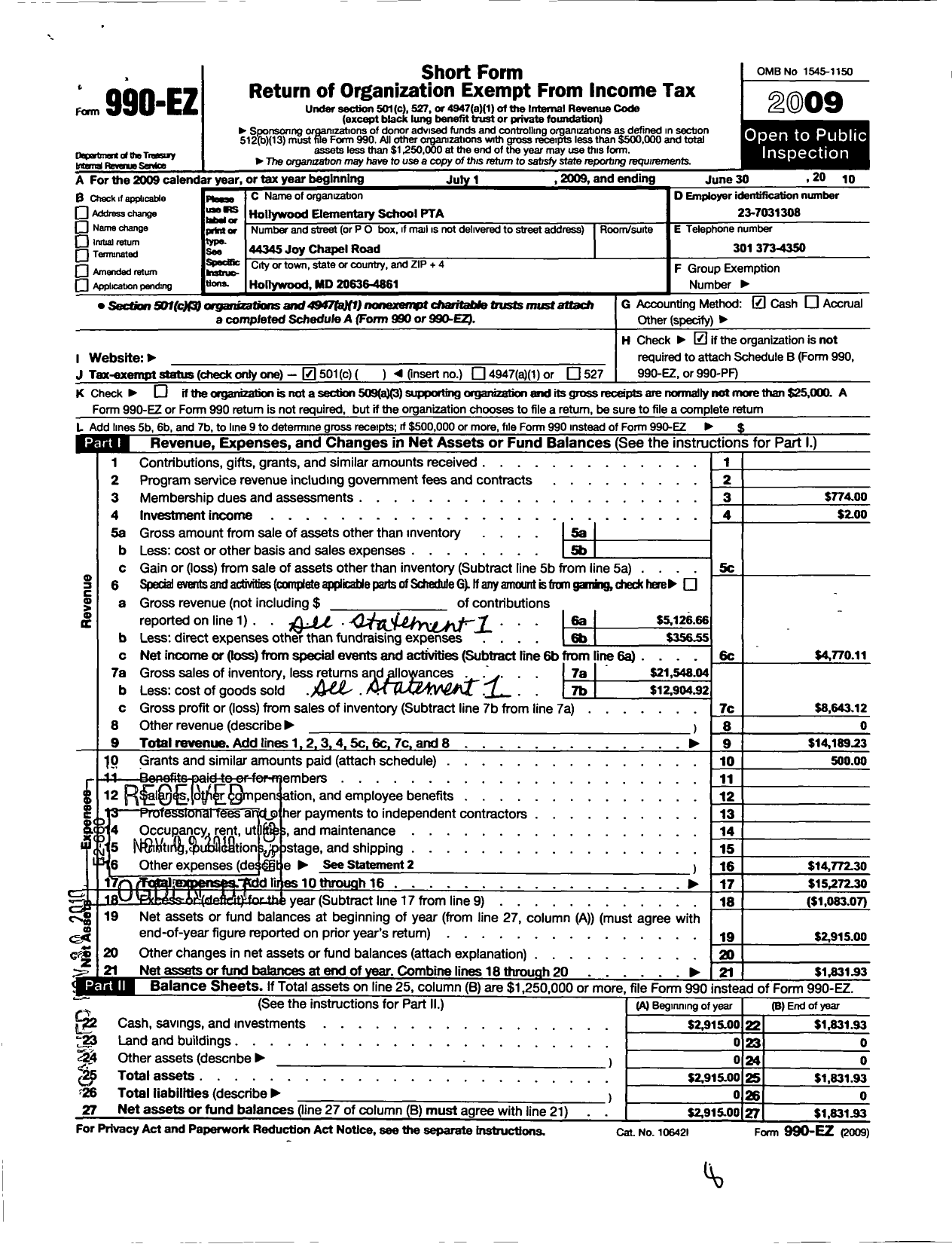 Image of first page of 2009 Form 990EO for PTA Maryland Congress of Parent and Teachers / Hollywood Elementary