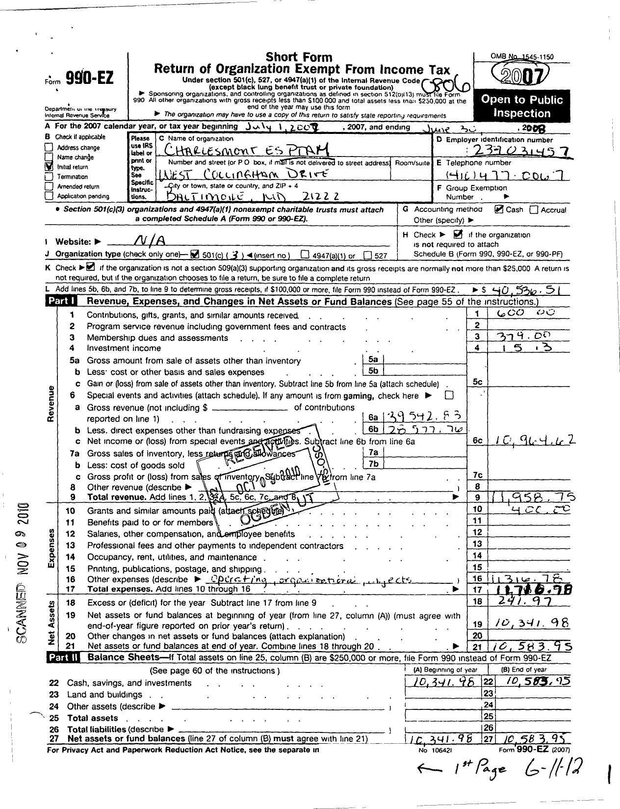 Image of first page of 2007 Form 990EZ for PTA Delaware Congress / Charlesmont Elementary School PTA