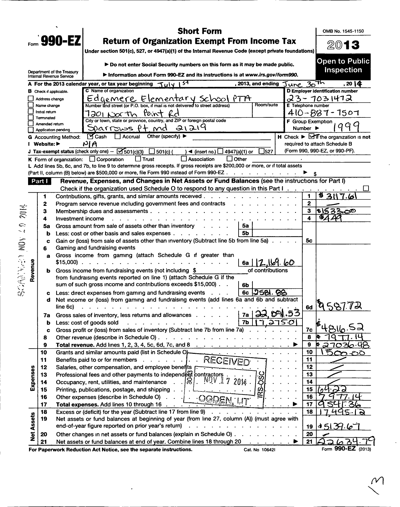 Image of first page of 2013 Form 990EZ for PTA Delaware Congress / Edgemere Elementary PTA