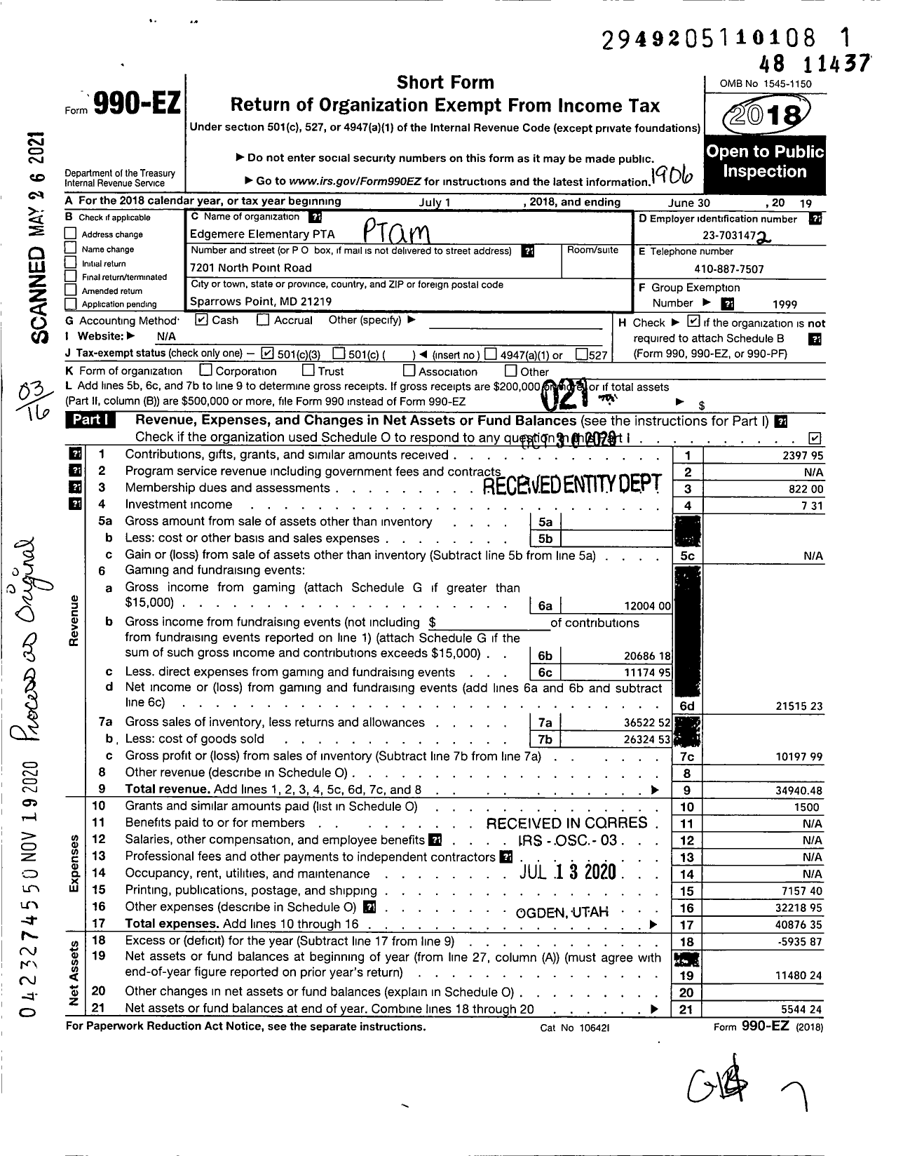 Image of first page of 2018 Form 990EZ for PTA Delaware Congress / Edgemere Elementary PTA