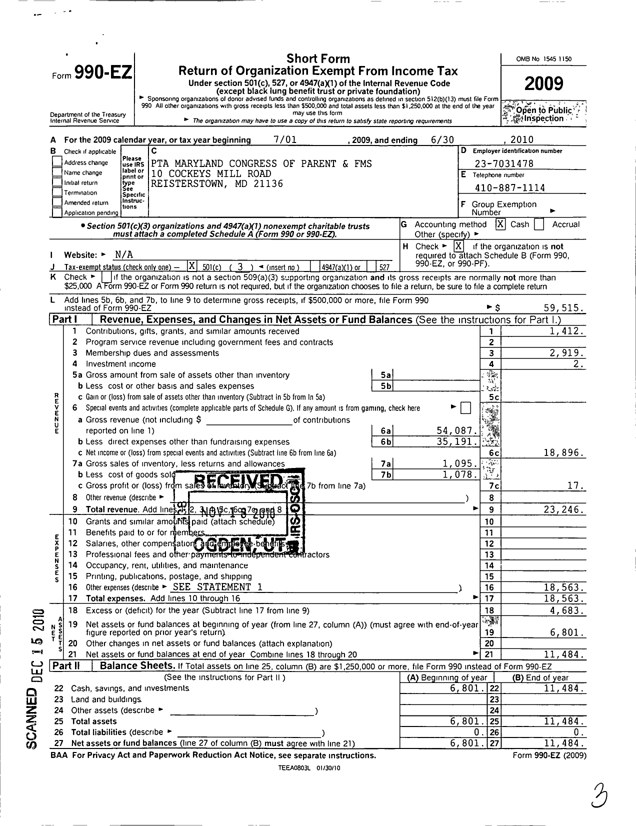 Image of first page of 2009 Form 990EZ for PTA Delaware Congress / Franklin Middle School