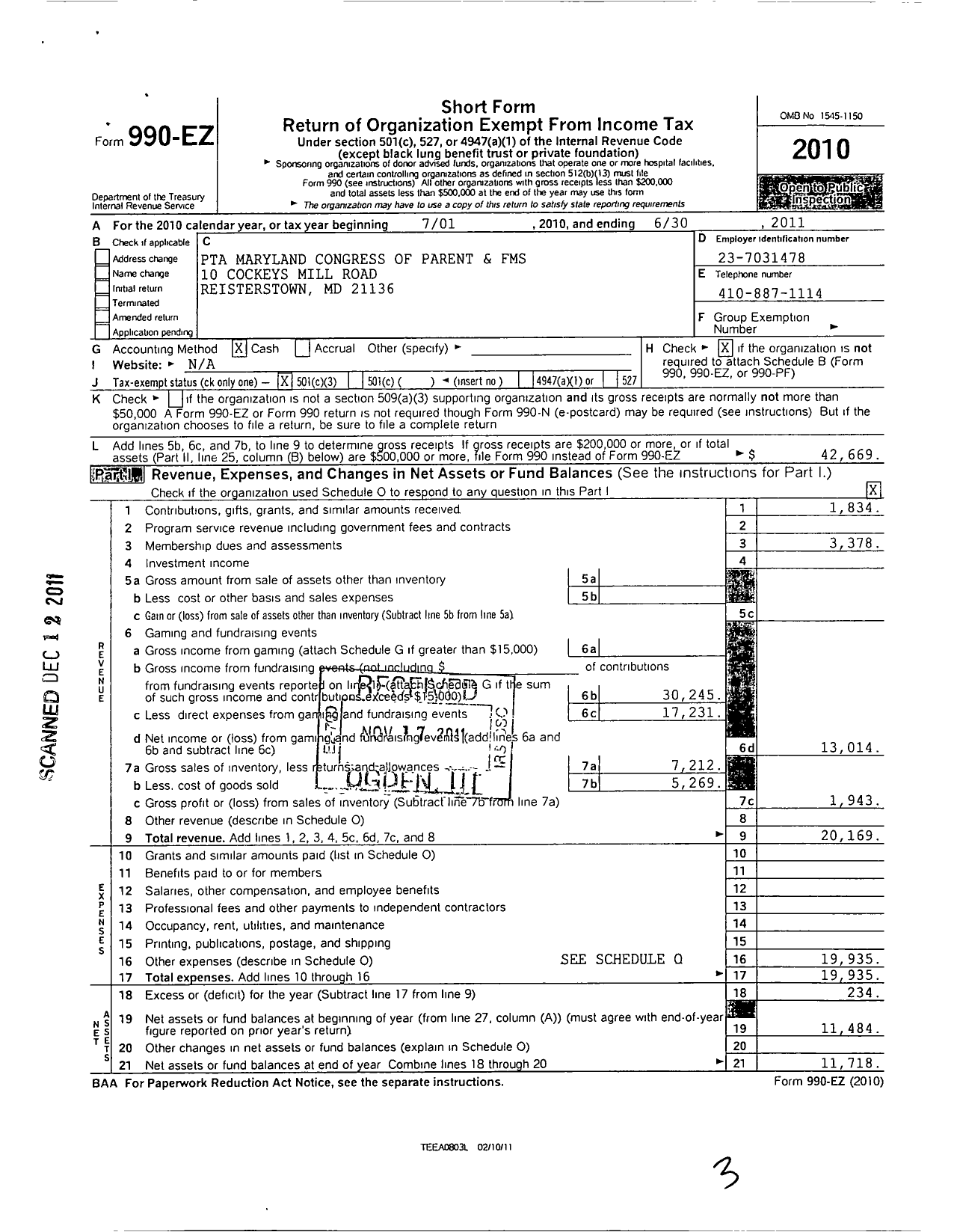 Image of first page of 2010 Form 990EZ for PTA Delaware Congress / Franklin Middle School