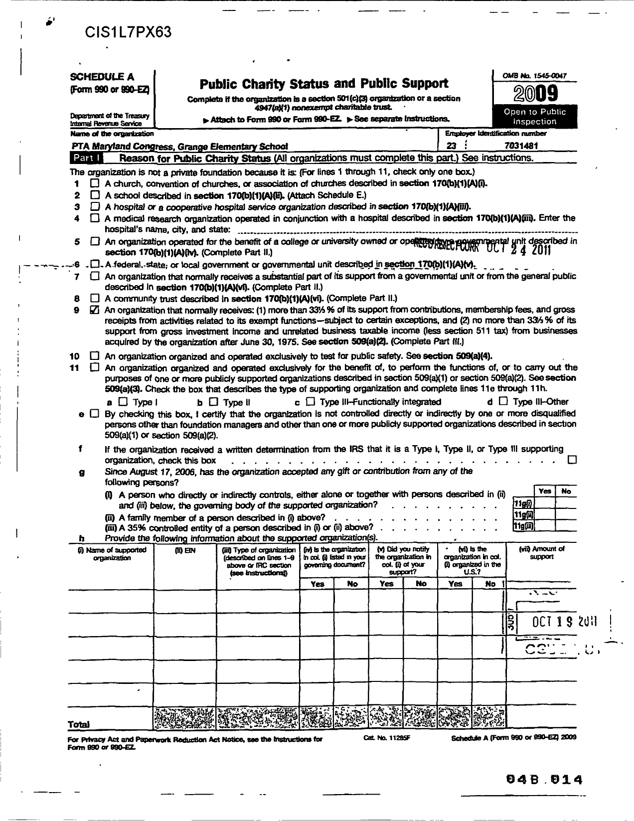 Image of first page of 2009 Form 990ER for PTA Maryland Congress of Parent and Teachers / Grange Elementary School