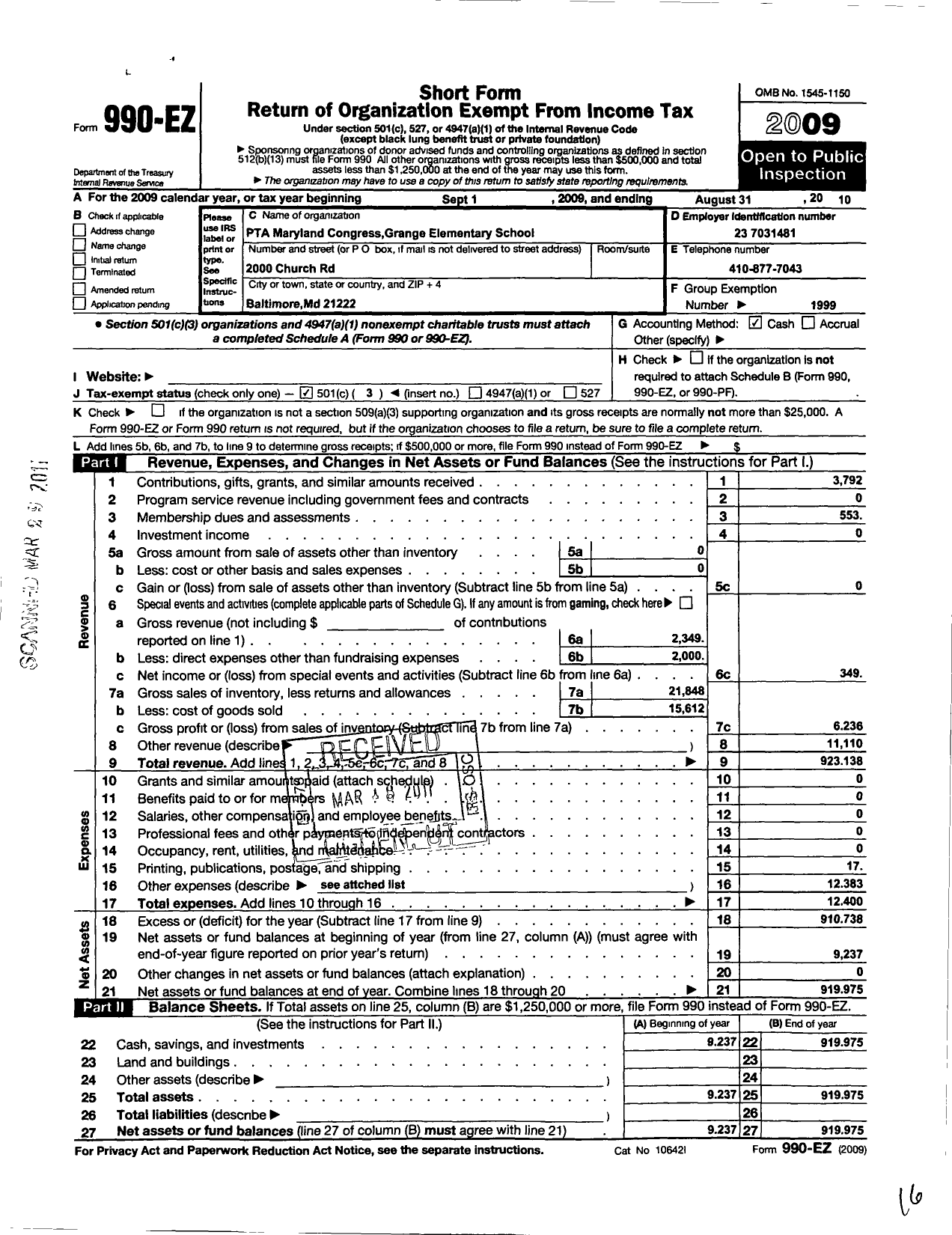 Image of first page of 2009 Form 990EZ for PTA Maryland Congress of Parent and Teachers / Grange Elementary School