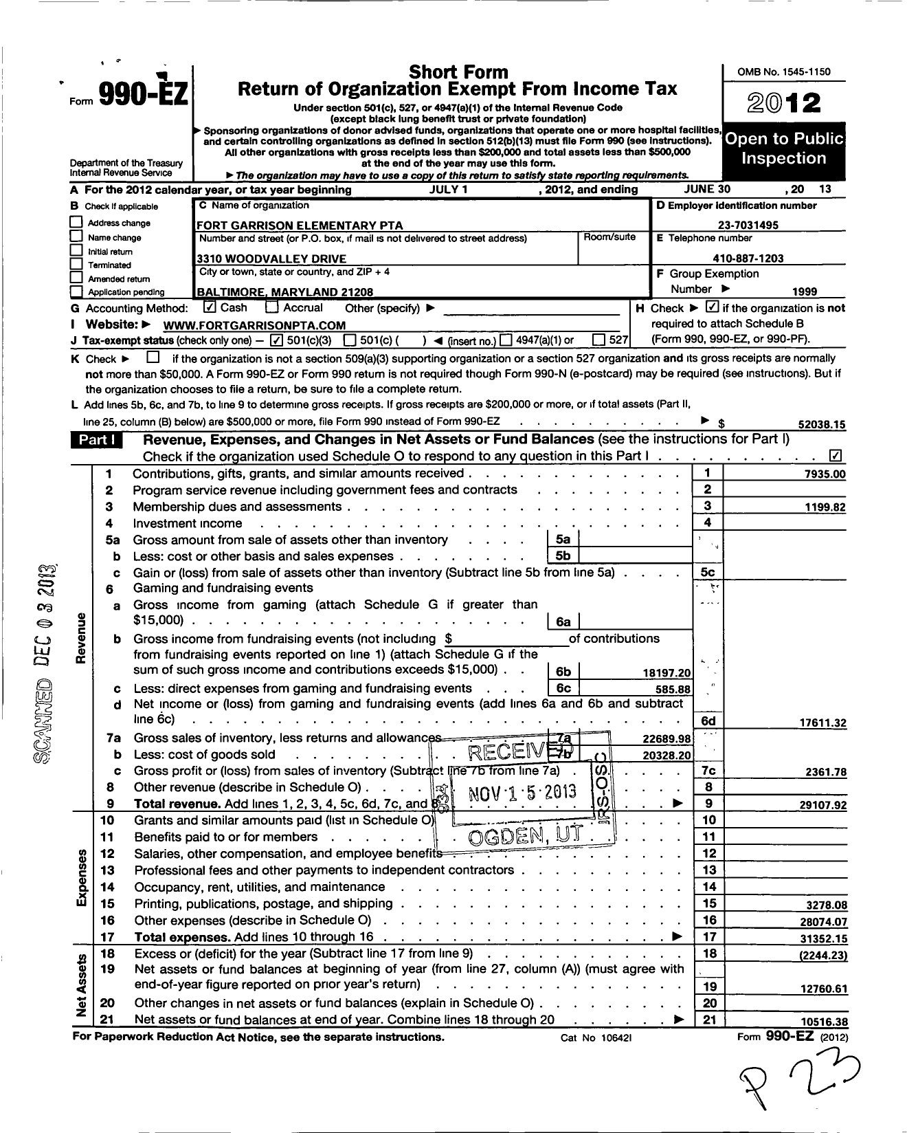 Image of first page of 2012 Form 990EZ for PTA Maryland Congress of Parents and Teachers / Fort Garrison Elementary PTA