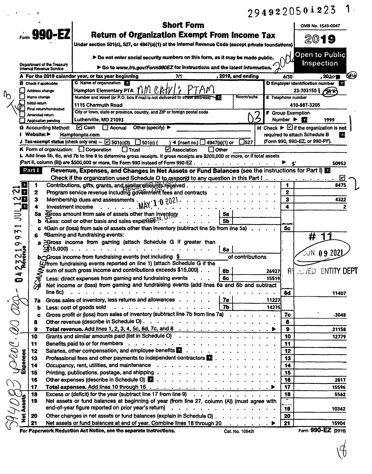 Image of first page of 2019 Form 990EZ for Hampton Elementary School PTA