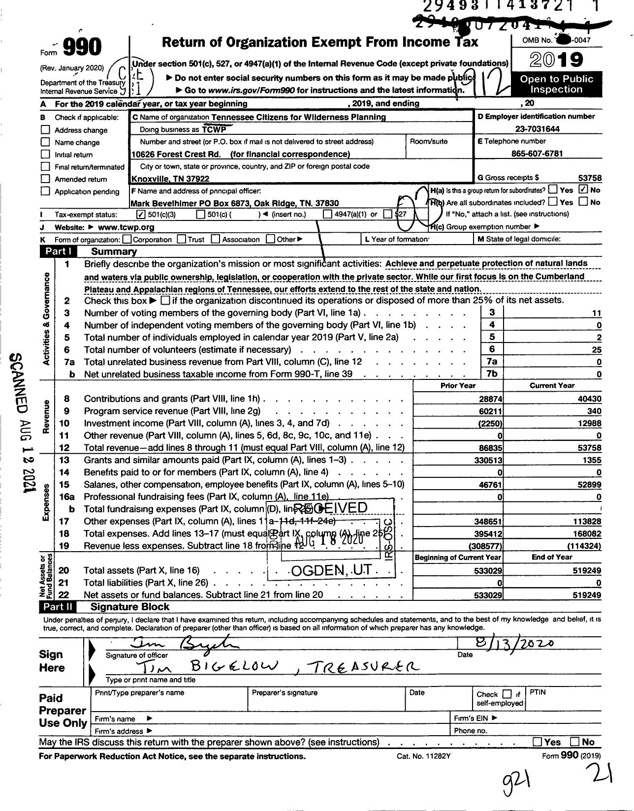 Image of first page of 2019 Form 990 for Tennessee Citizens for Wilderness Planning (TCWP)