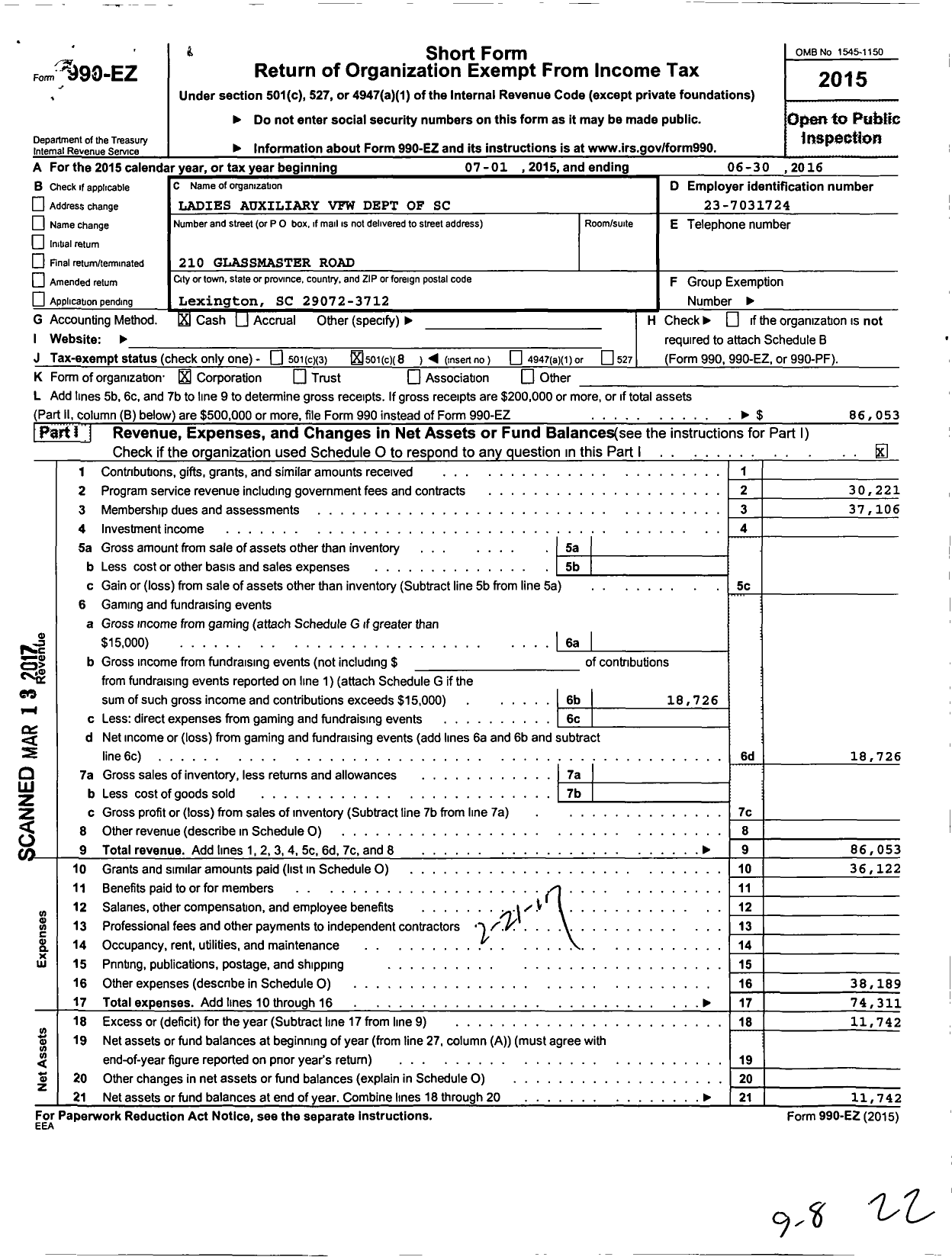 Image of first page of 2015 Form 990EO for VFW Auxililary Dept of SC