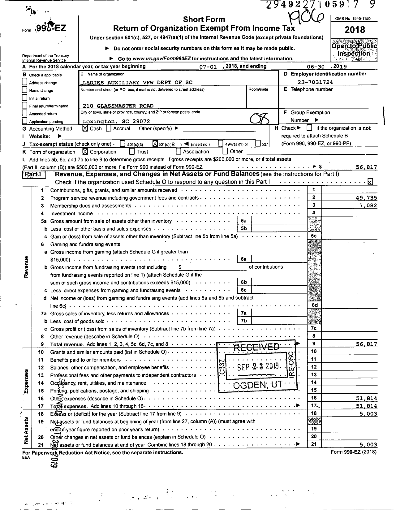 Image of first page of 2018 Form 990EO for VFW Auxililary Dept of SC