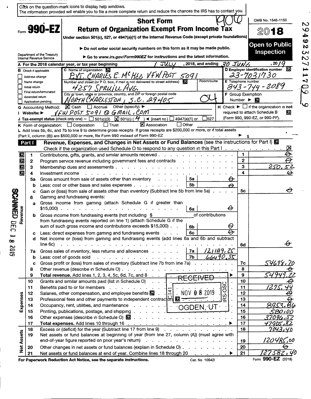 Image of first page of 2018 Form 990EO for pvt charles e mckee VFW post 5091