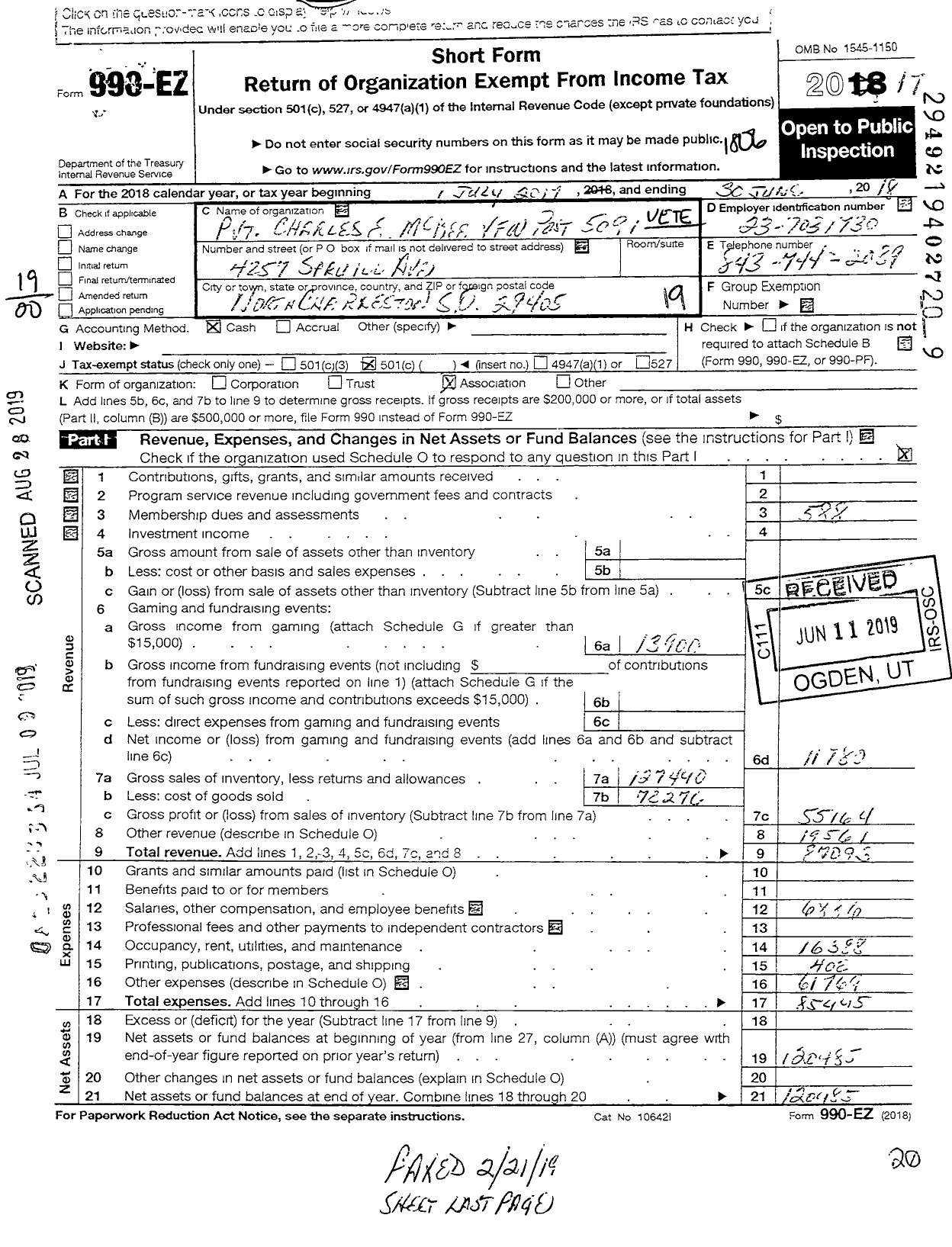 Image of first page of 2017 Form 990EO for pvt charles e mckee VFW post 5091