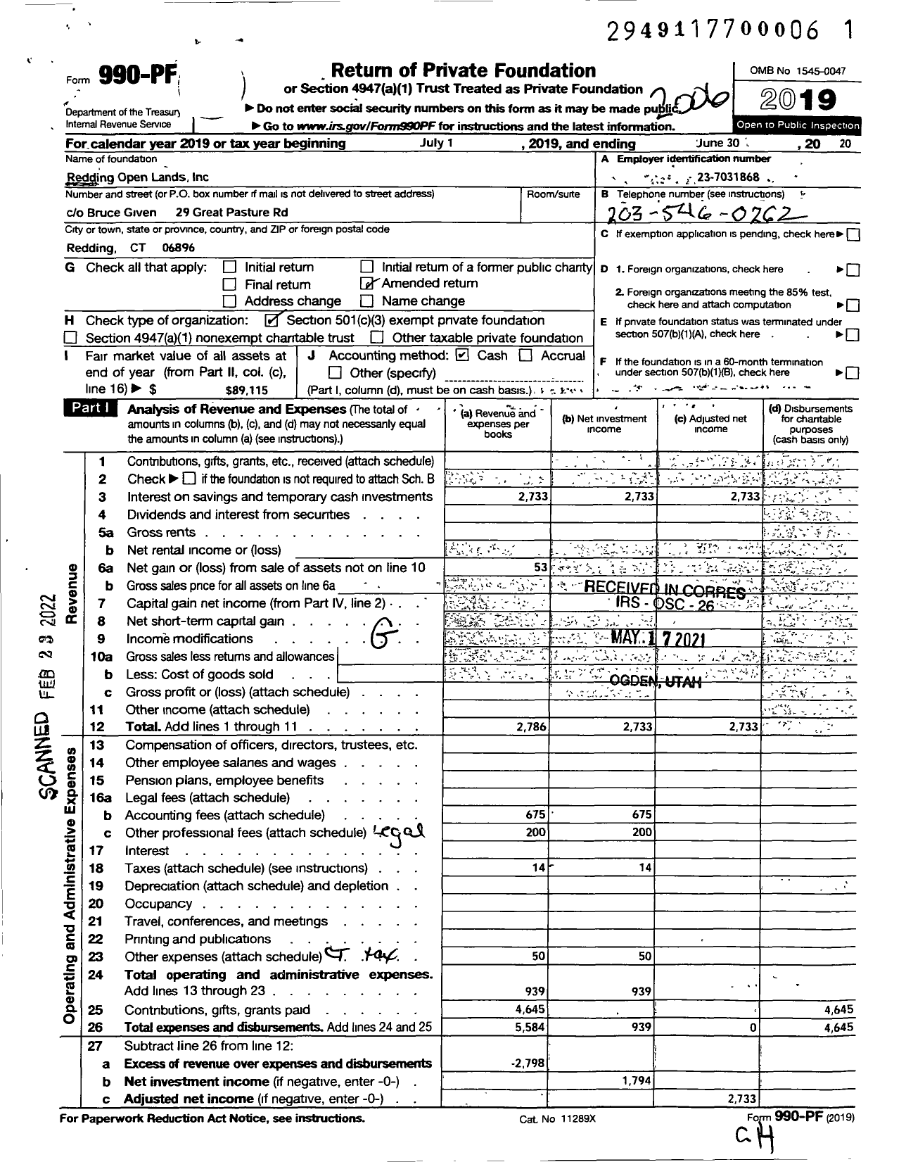 Image of first page of 2019 Form 990PF for Redding Open Lands