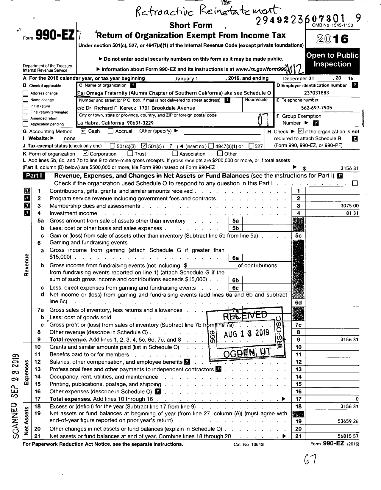 Image of first page of 2016 Form 990EO for Psi Omega Fraternity-Upsilon Chapter