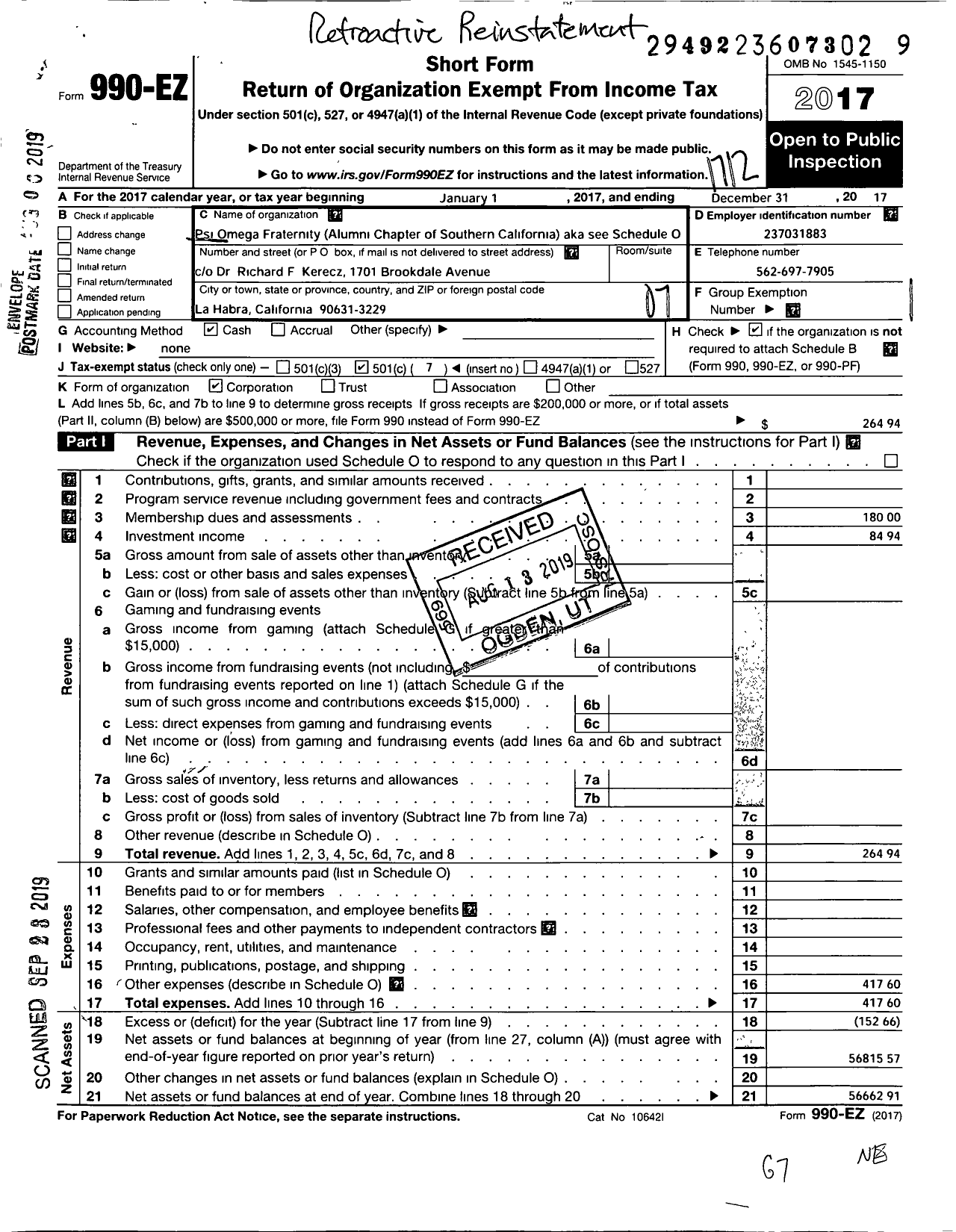 Image of first page of 2017 Form 990EO for Psi Omega Fraternity-Upsilon Chapter