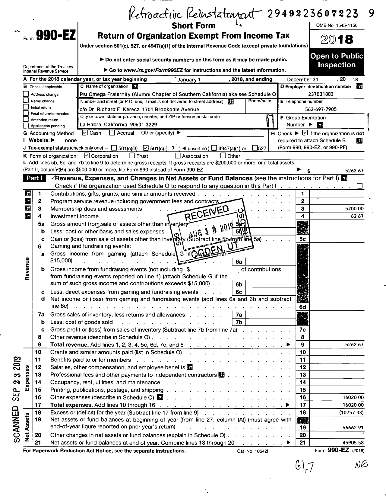 Image of first page of 2018 Form 990EO for Psi Omega Fraternity-Upsilon Chapter