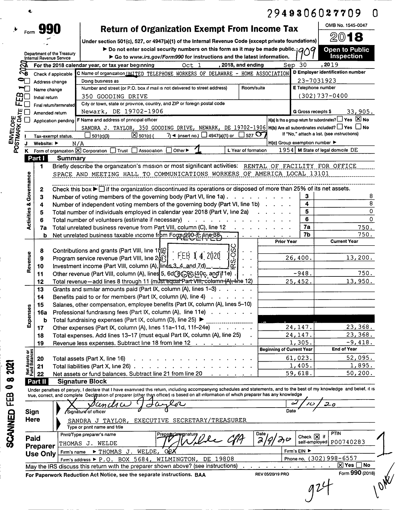 Image of first page of 2018 Form 990O for United Telephone Workers of Delaware - Home Association