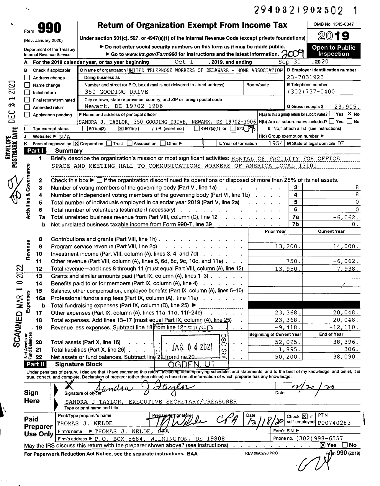 Image of first page of 2019 Form 990O for United Telephone Workers of Delaware - Home Association