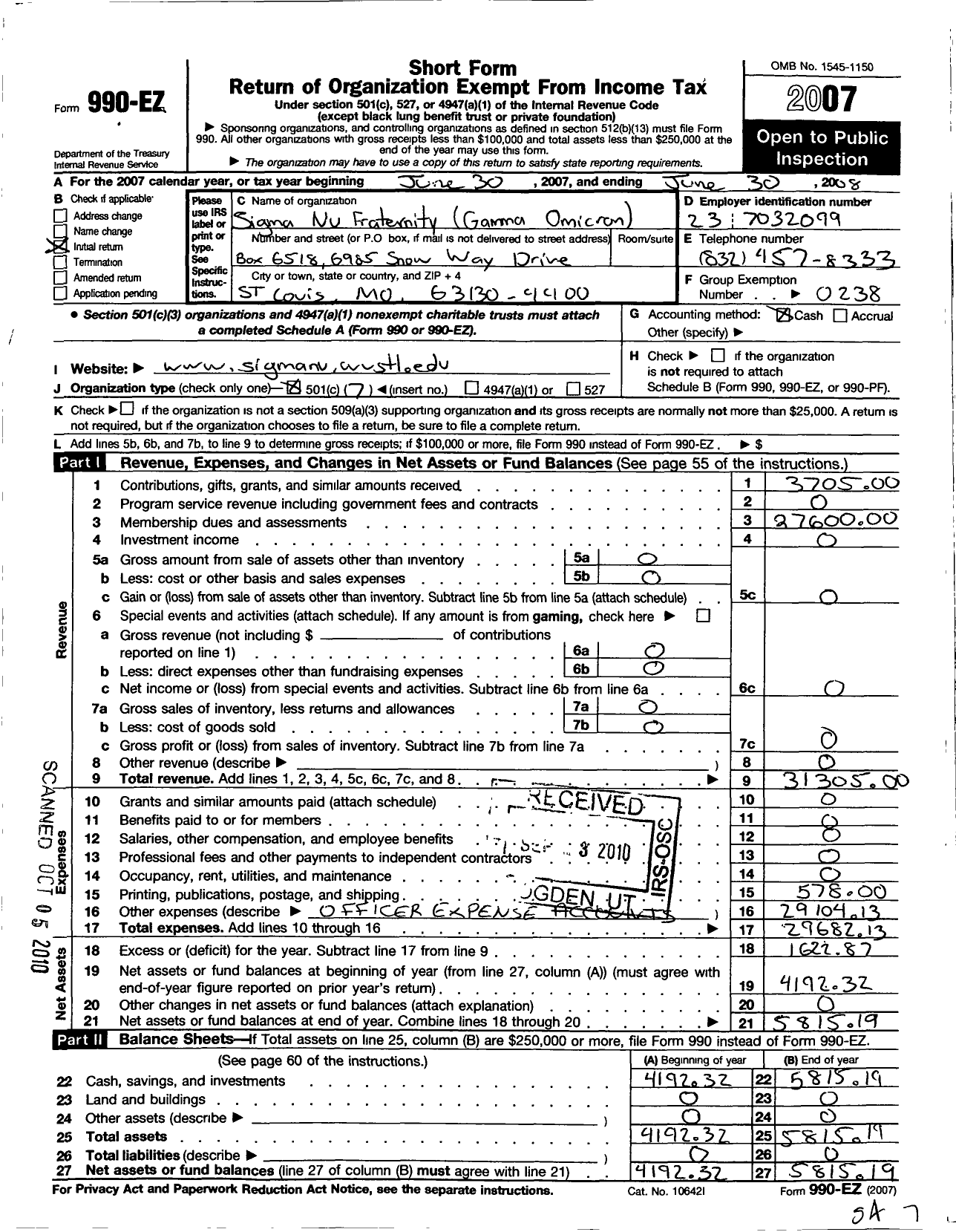 Image of first page of 2007 Form 990EO for Sigma Nu Fraternity - Gamma Omicron