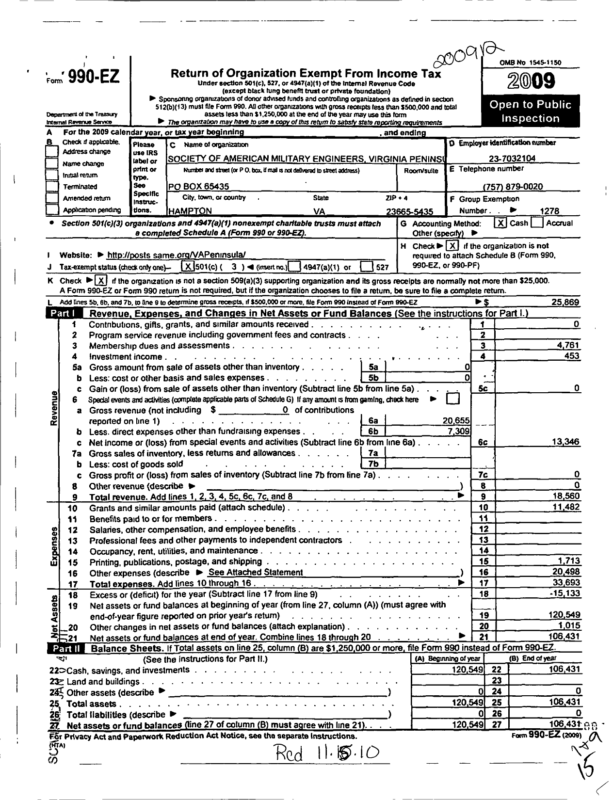 Image of first page of 2009 Form 990EZ for Society of American Military Engineers / S A M E Virginia Penninsula Post