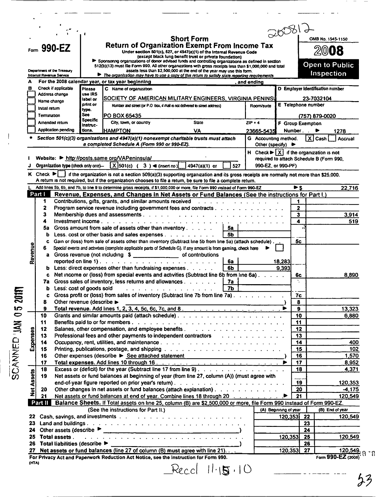 Image of first page of 2008 Form 990EZ for Society of American Military Engineers / S A M E Virginia Penninsula Post