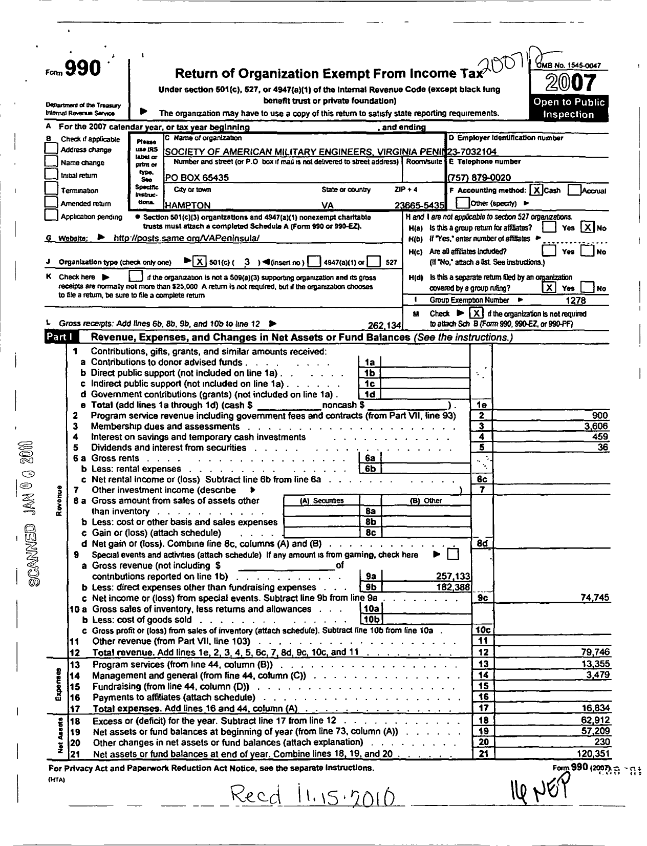 Image of first page of 2007 Form 990 for Society of American Military Engineers / S A M E Virginia Penninsula Post