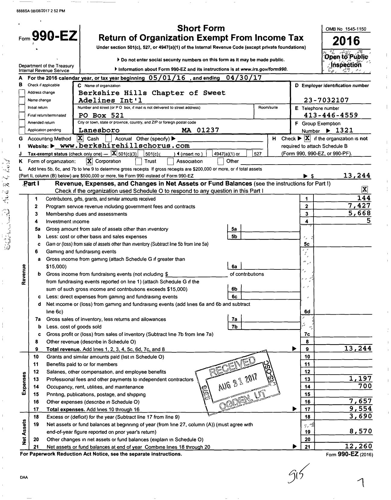 Image of first page of 2016 Form 990EZ for Sweet Adelines International - Berkshire Hills