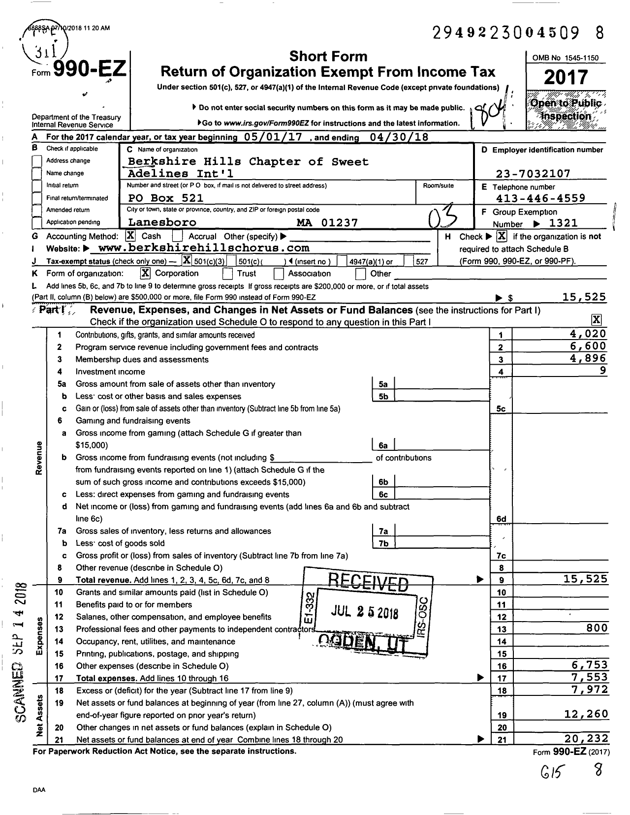 Image of first page of 2017 Form 990EZ for Sweet Adelines International - Berkshire Hills