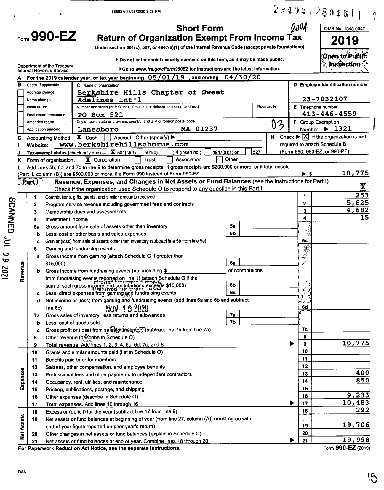 Image of first page of 2019 Form 990EZ for Sweet Adelines International - Berkshire Hills