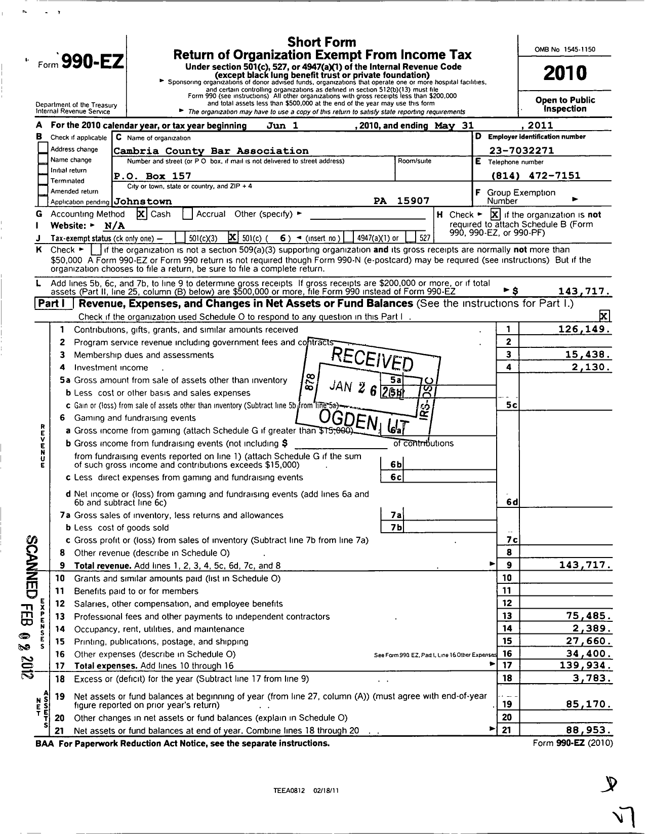 Image of first page of 2010 Form 990EO for Cambria County Bar Association