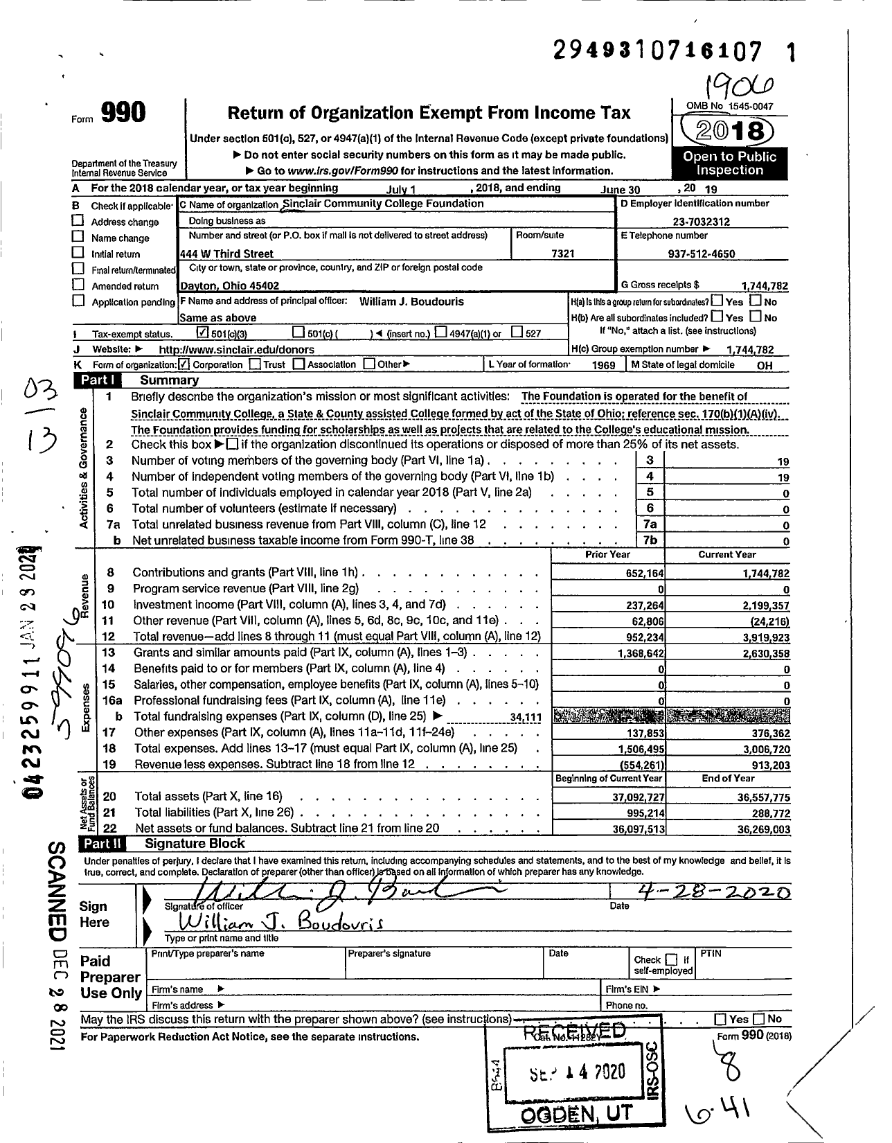 Image of first page of 2018 Form 990 for Sinclair Community College Foundation