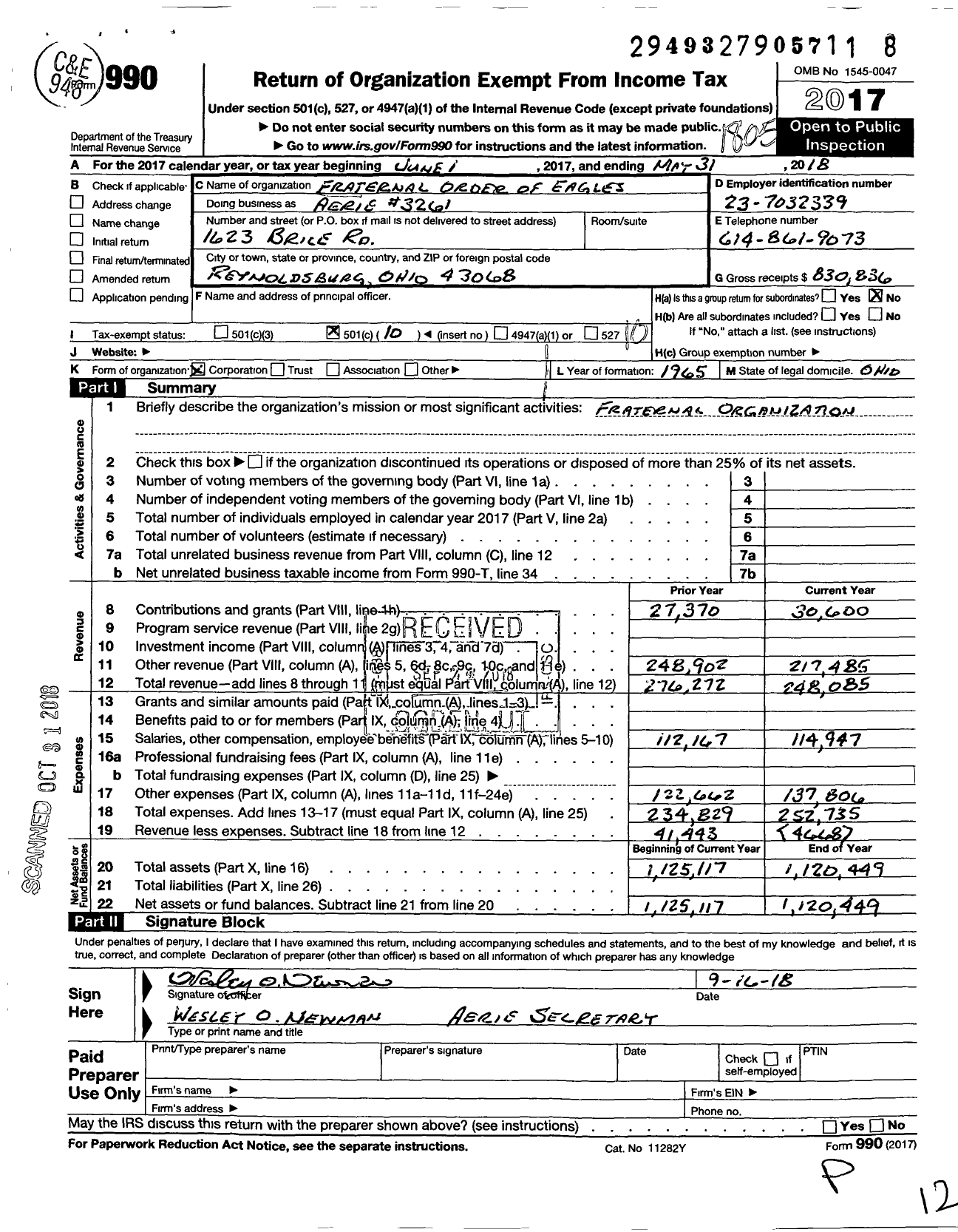 Image of first page of 2017 Form 990O for Fraternal Order of Eagles